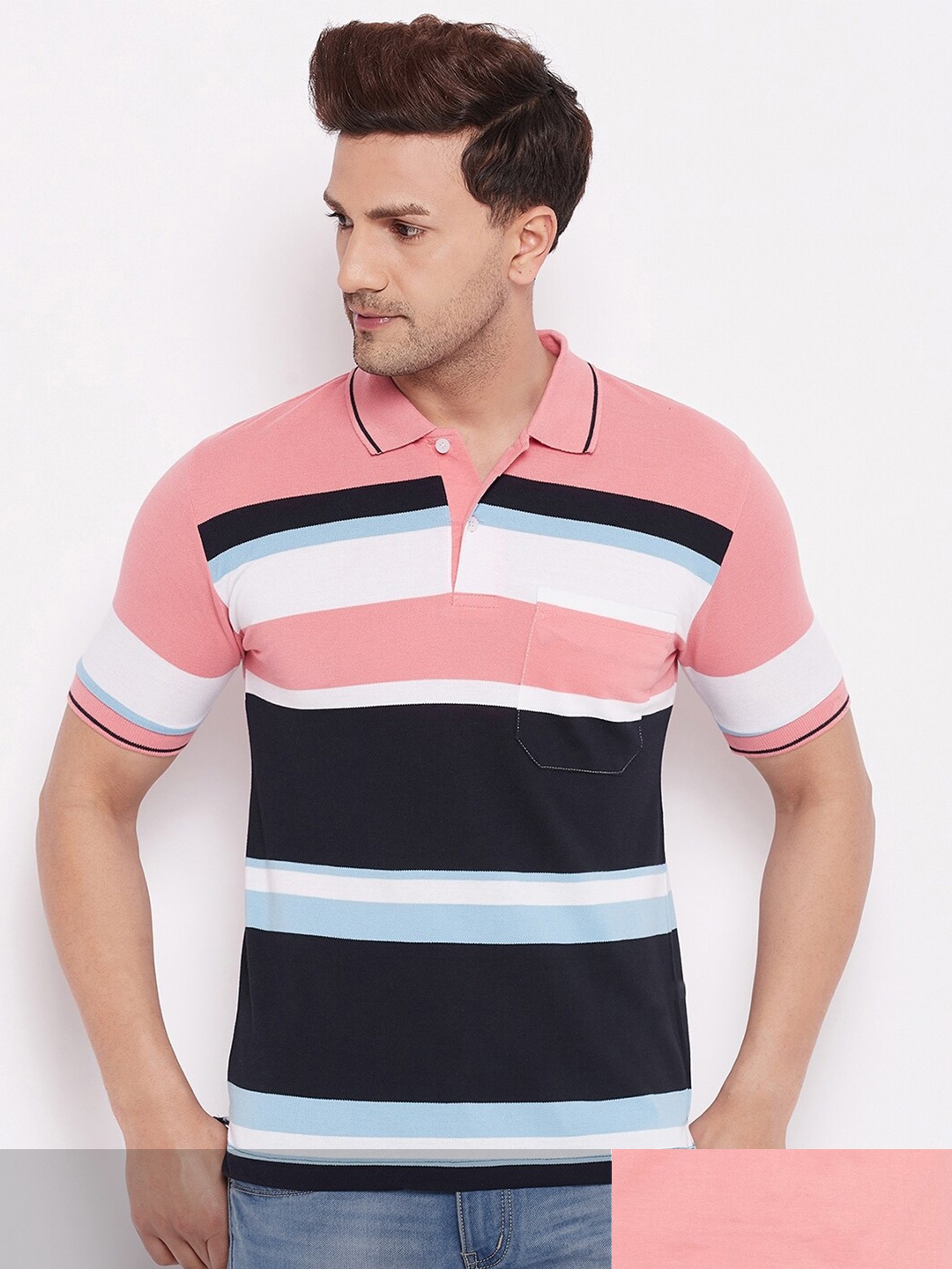 

FirstKrush Pack Of 2 Men's Cotton Striped Half Sleeves Polo Collar T-shirt, Navy blue