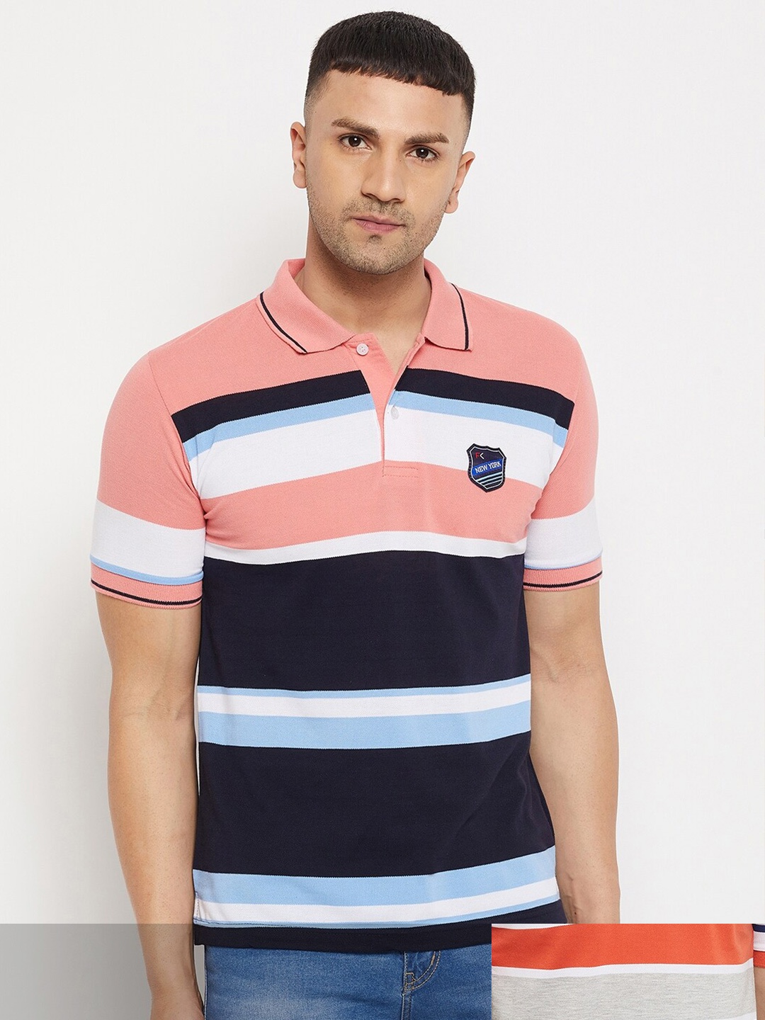 

FirstKrush Men Pink & Orange Pack Of 2 Striped Polo Collar Cotton T-shirt