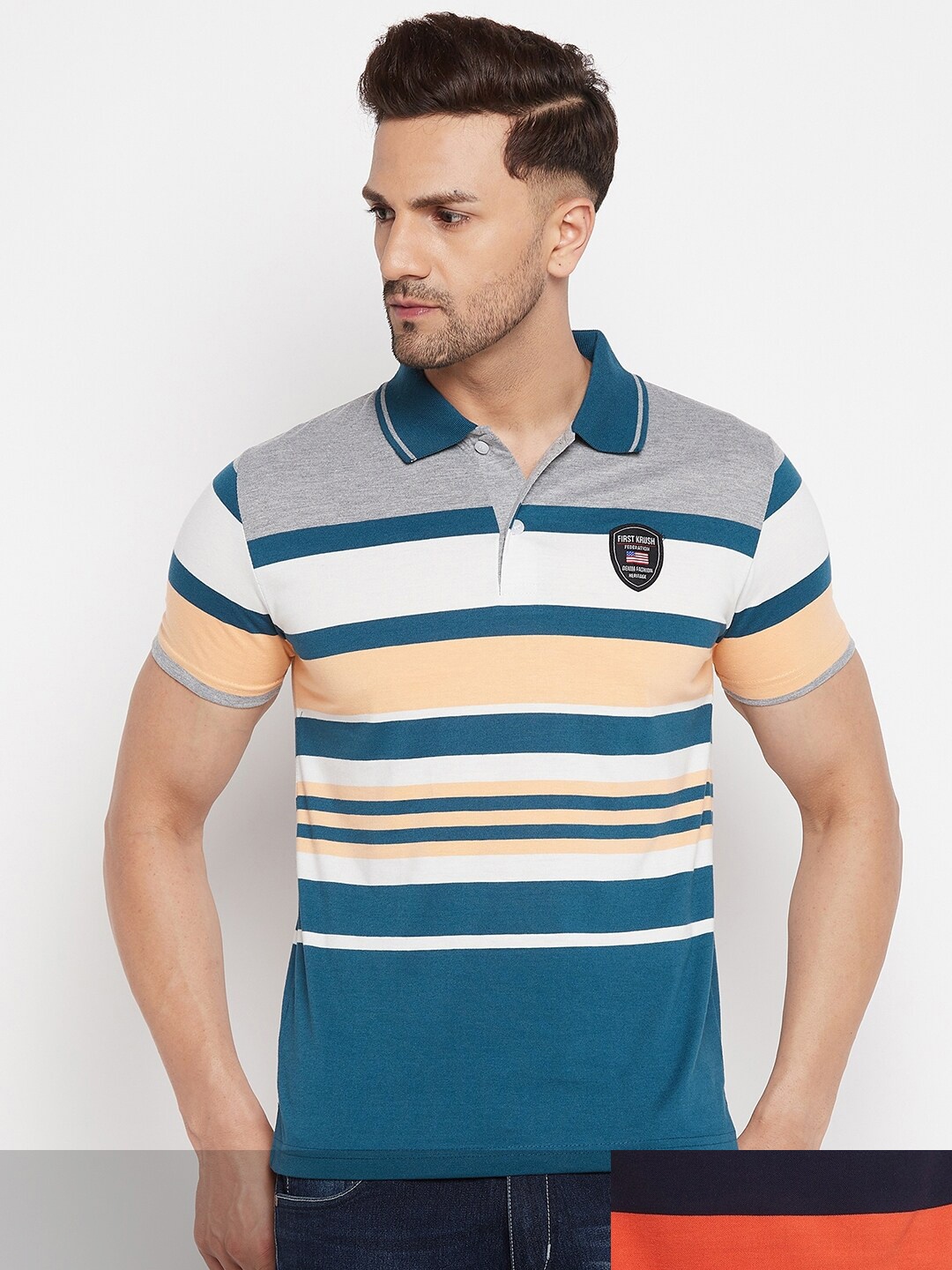 

FirstKrush Men Blue & Orange Pack Of 2 Striped Polo Collar T-shirt