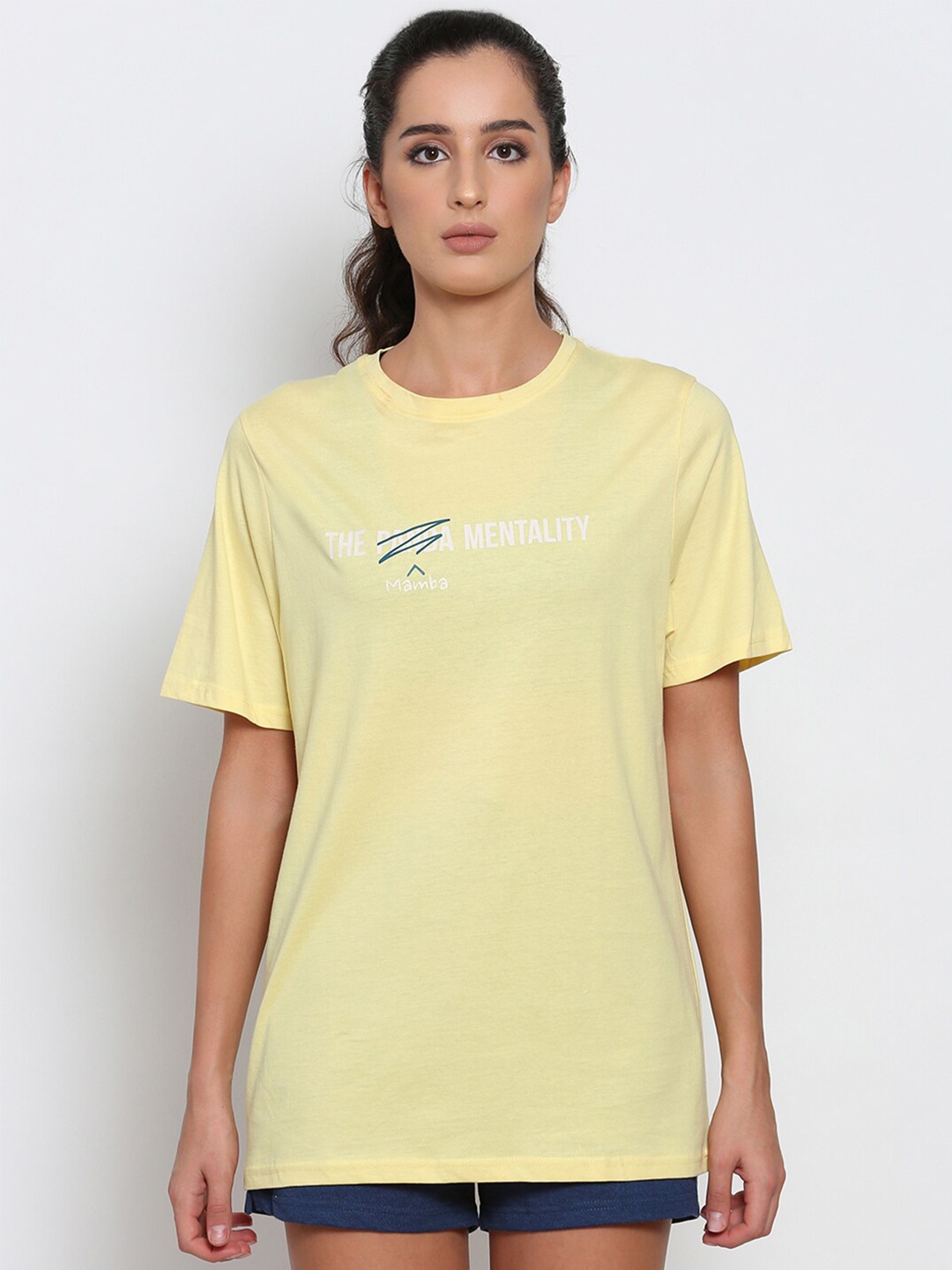

deb Women Yellow Typography Printed Oversized Cotton T-shirt