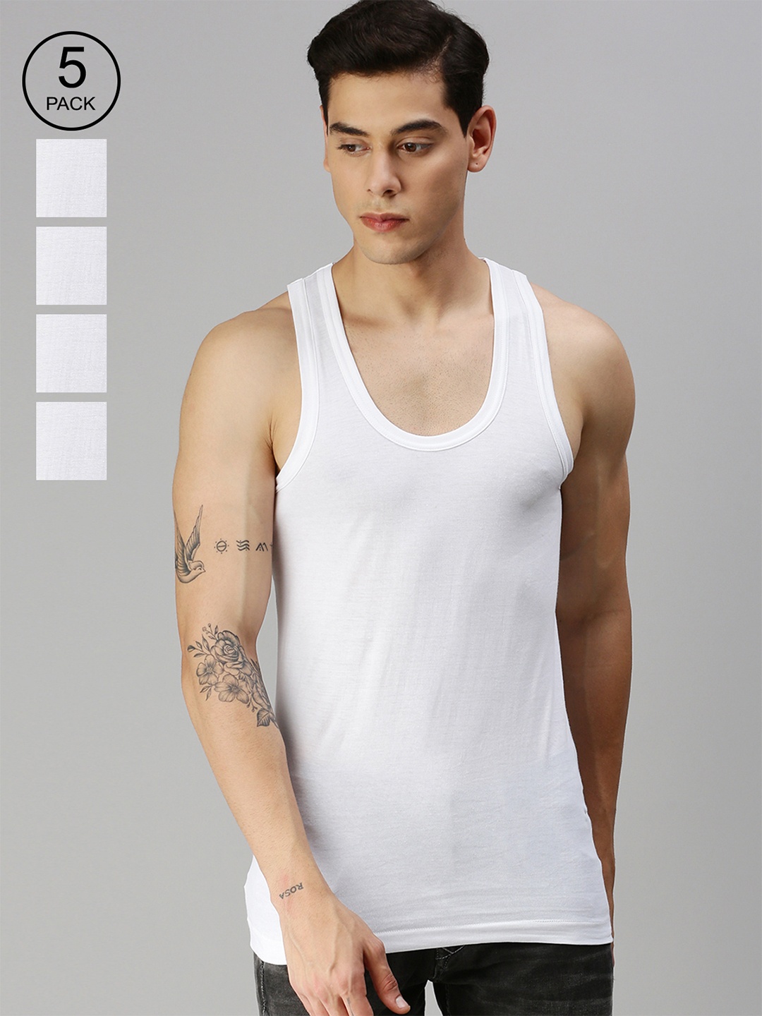 

ONN Men Pack Of 5 White Solid Cotton Innerwear Undershirt Vests