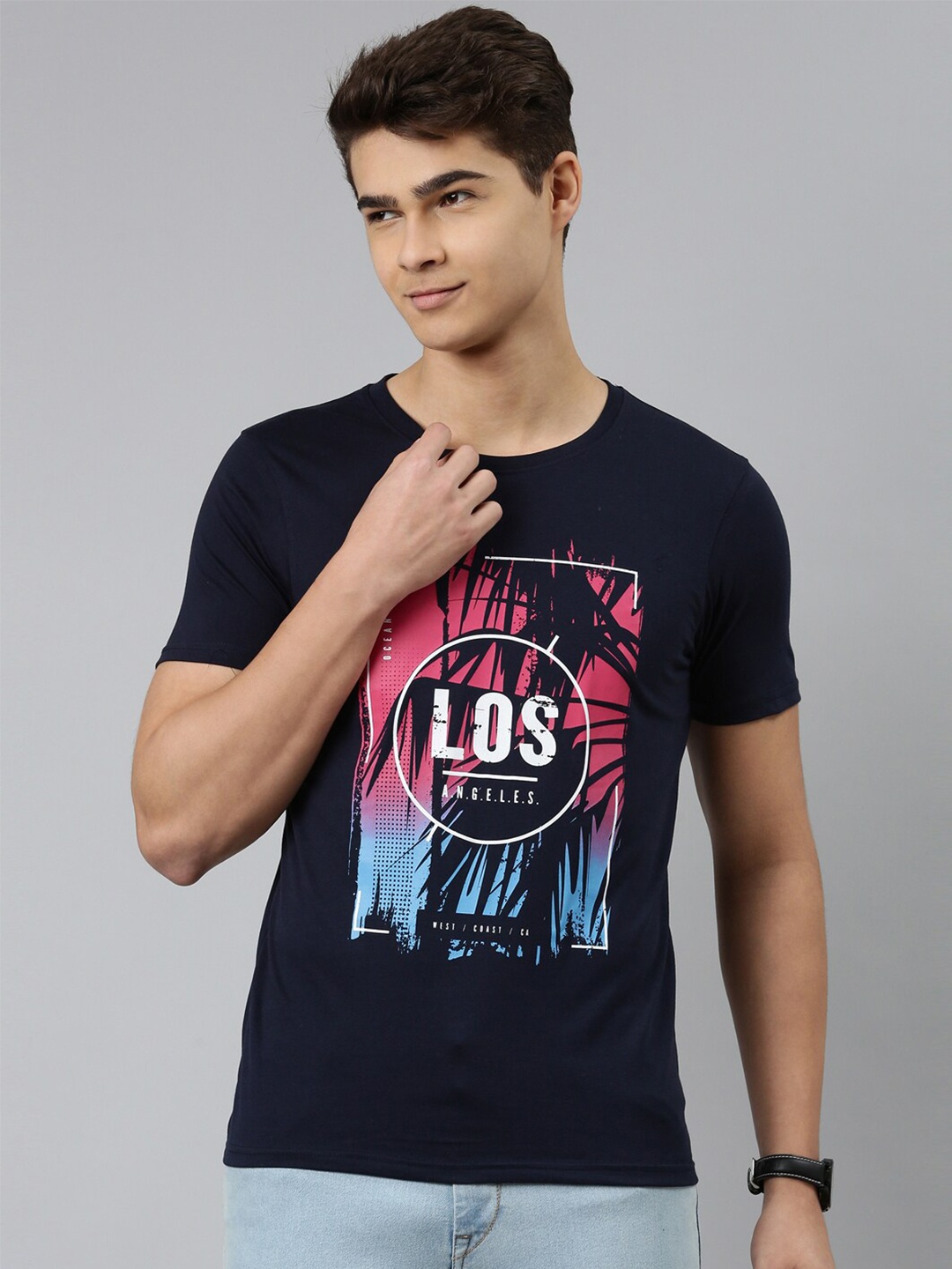 

DIXCY SCOTT Men Navy Blue Printed Cotton T-shirt