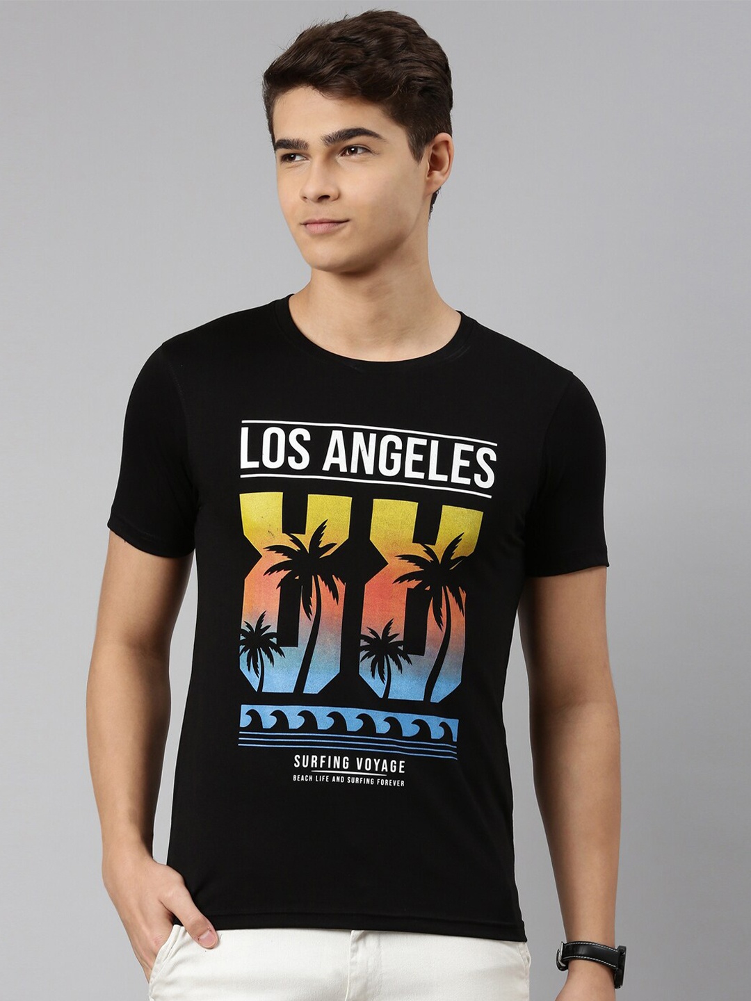 

DIXCY SCOTT Men Black Printed Tropical Cotton T-shirt
