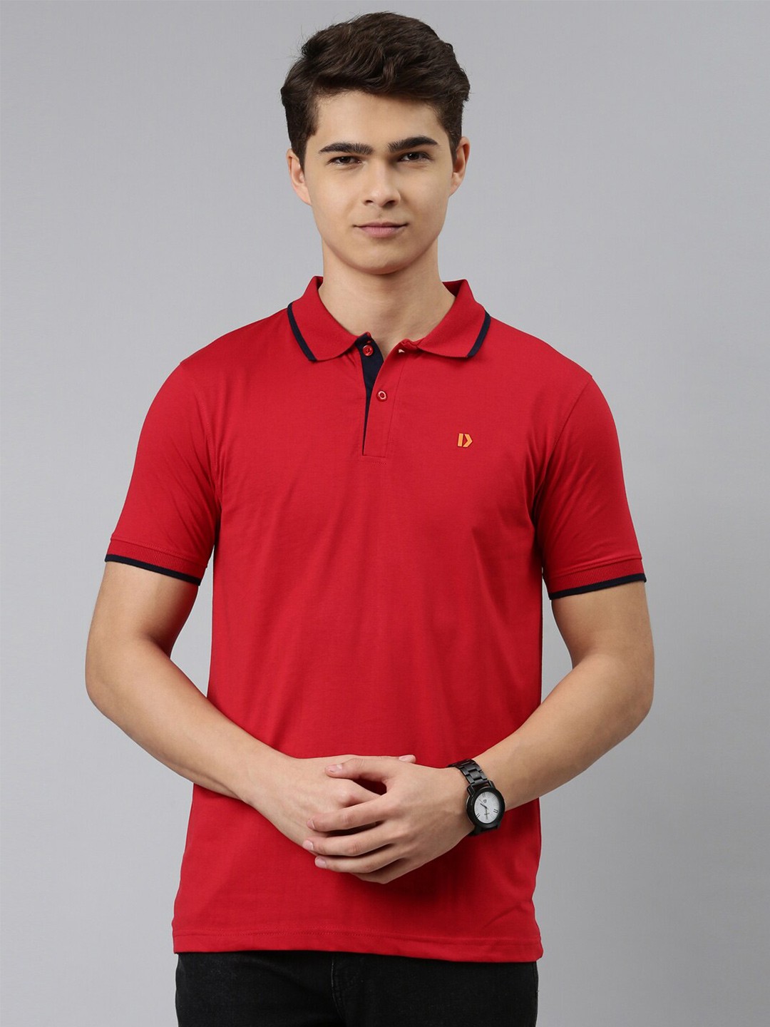 

DIXCY SCOTT Men Red Polo Collar Cotton T-shirt