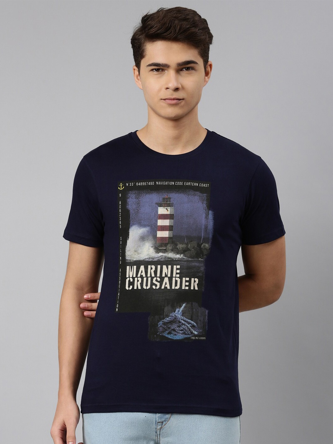 

DIXCY SCOTT Men Navy Blue Printed Cotton T-shirt