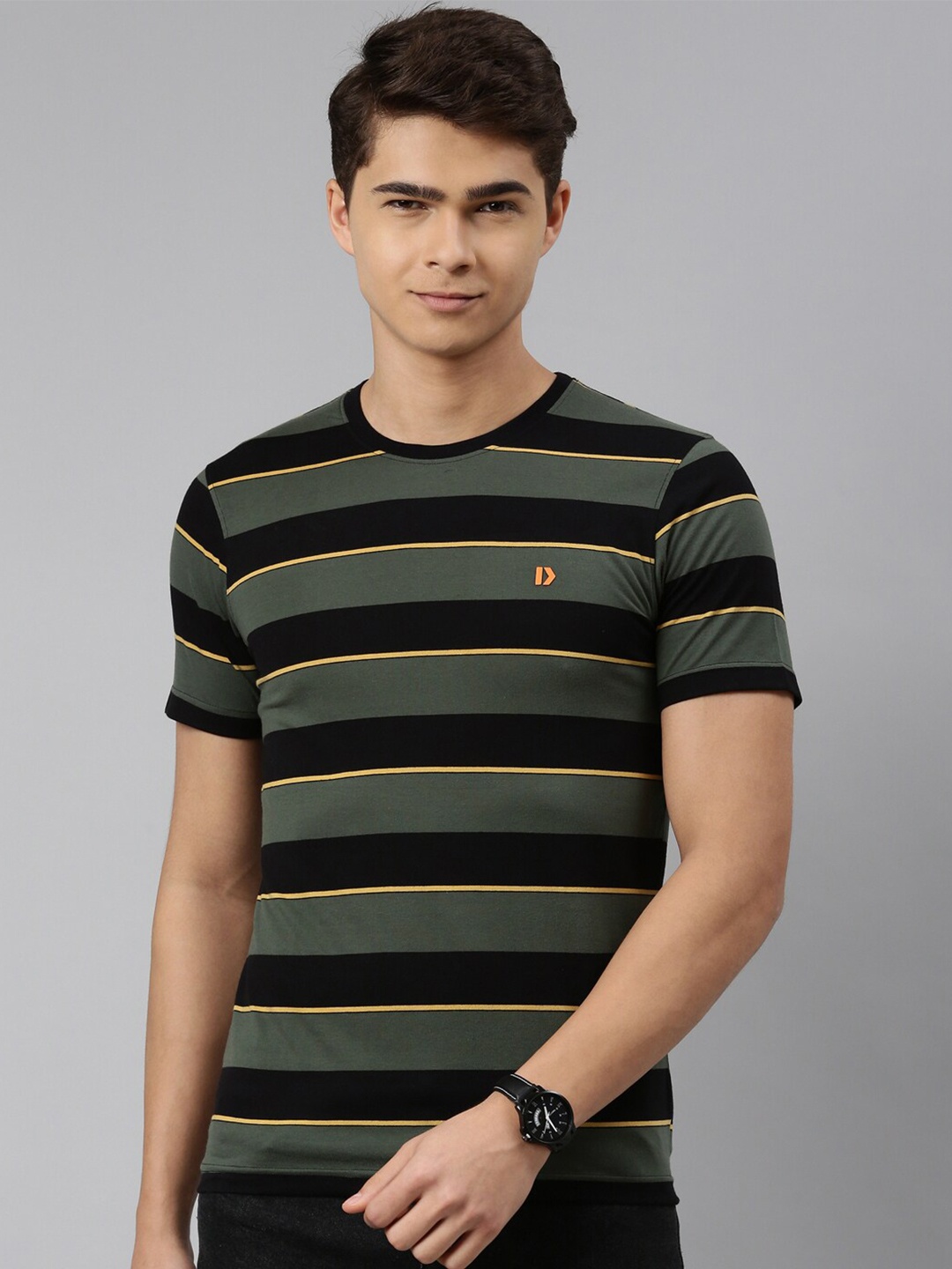 

DIXCY SCOTT Men Black & Grey Striped Cotton T-shirt