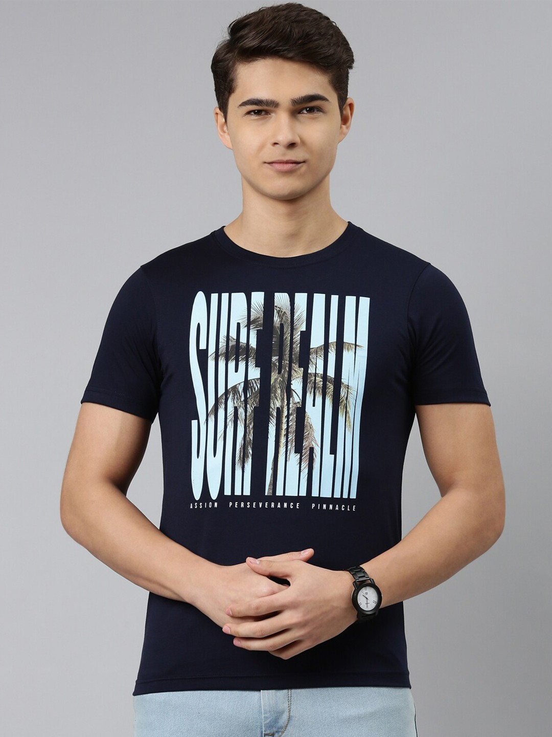 

DIXCY SCOTT Men Navy Blue Printed Cotton T-shirt