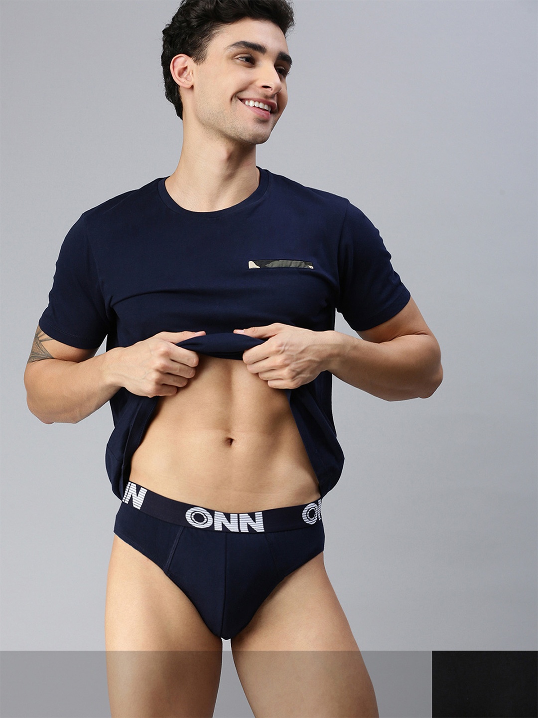 

ONN Men Pack Of 2 Black & Navy Blue Solid Basic Briefs