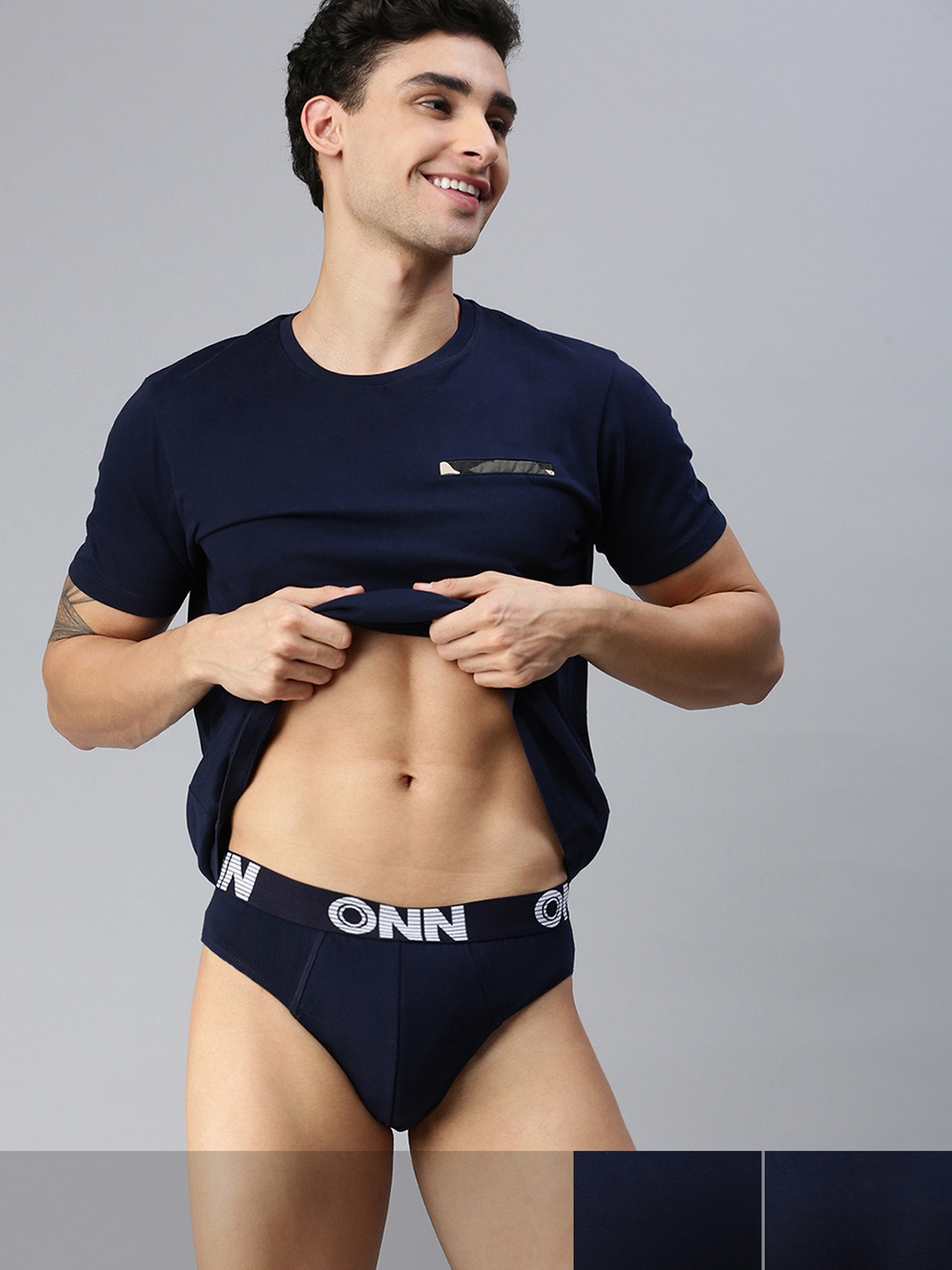 

ONN Men Set Of 3 Navy Blue Solid Mid-Rise Basic Cotton Briefs