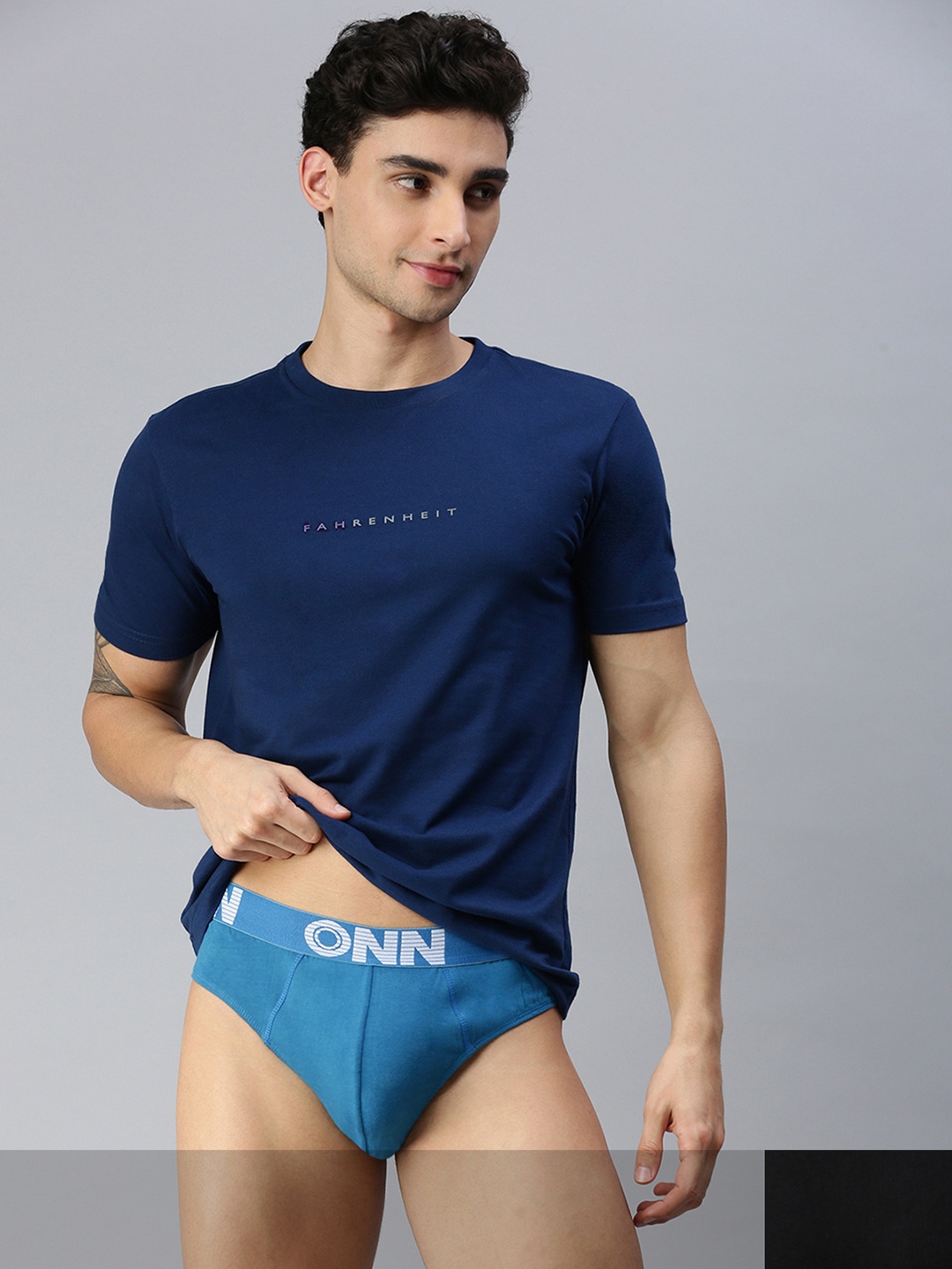 

ONN Men Set Of 2 Blue & Black Solid Mid-Rise Anti-Odour Basic Briefs
