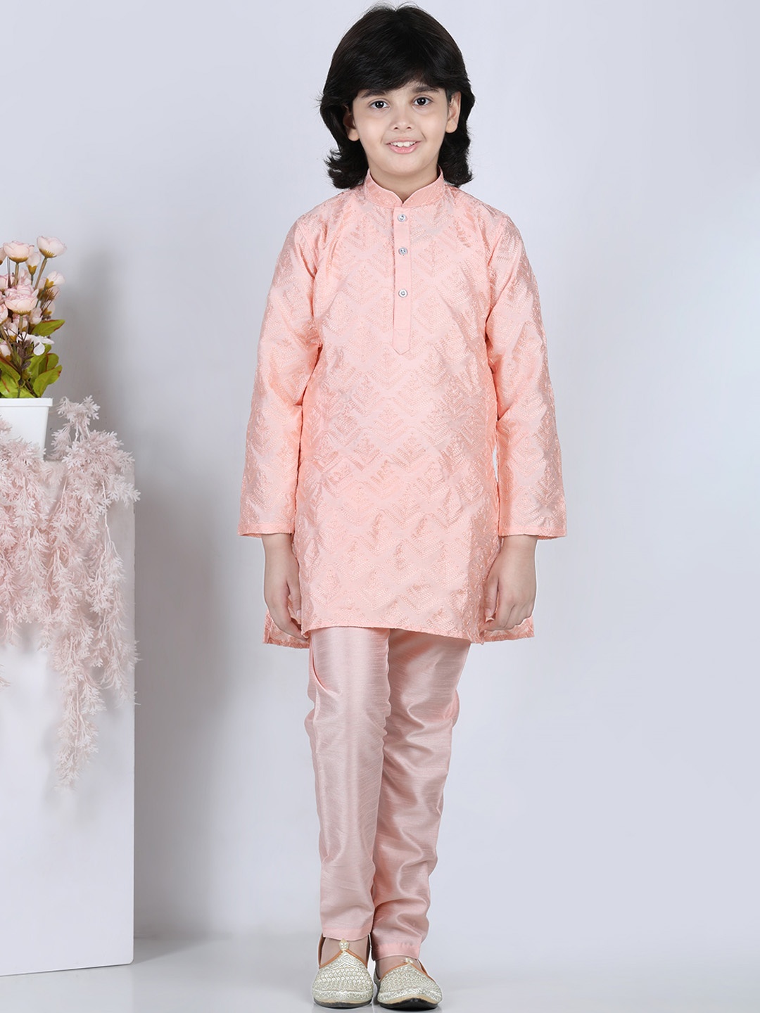 

Aj DEZInES Boys Peach-Coloured Angrakha Kurta with Pyjamas & With Dupatta