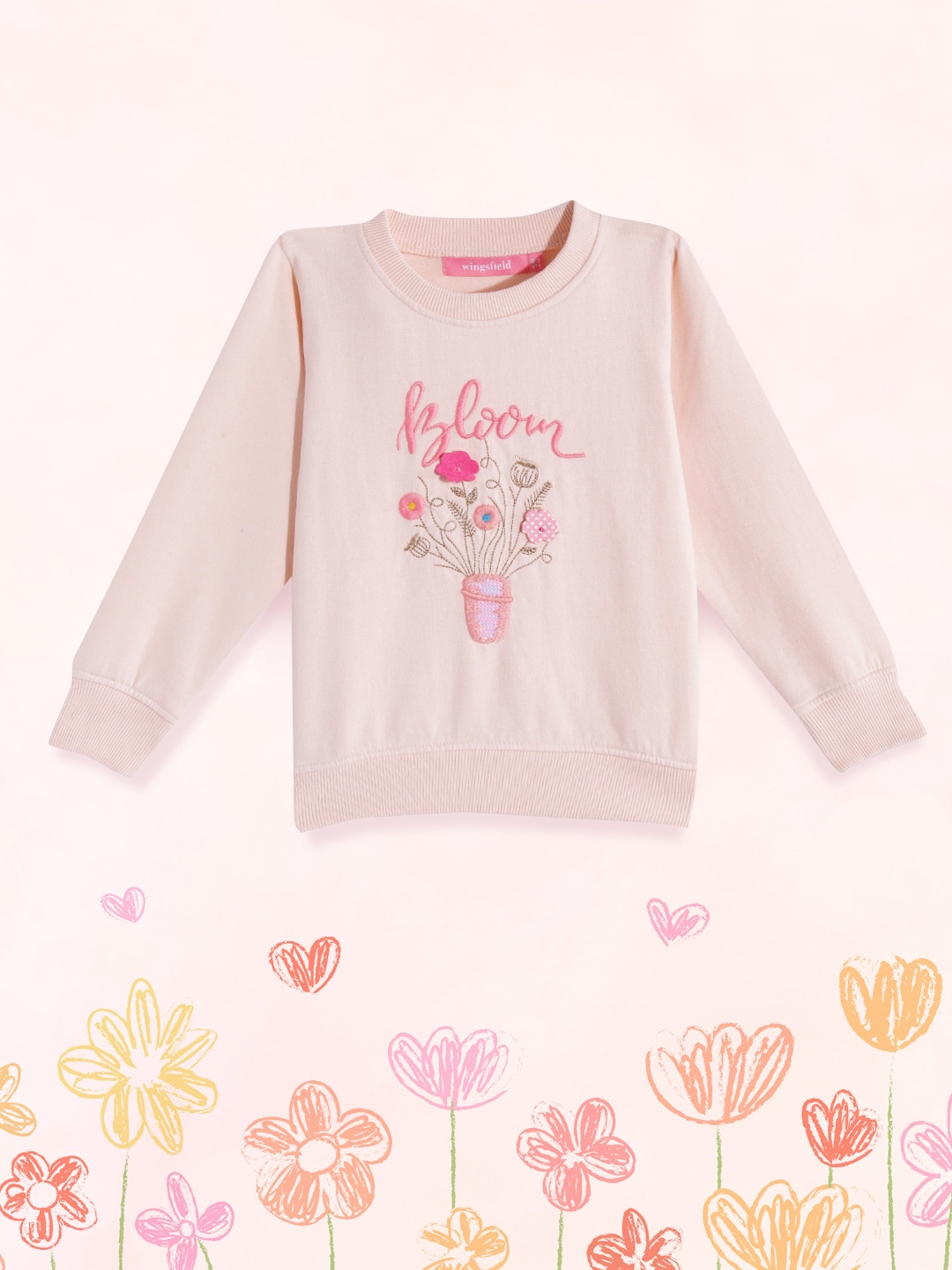 

Wingsfield Girls Peach-Coloured Embroidered Sweatshirt