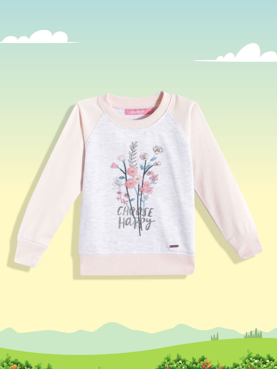 

Wingsfield Girls Grey Melange Printed Sweatshirt