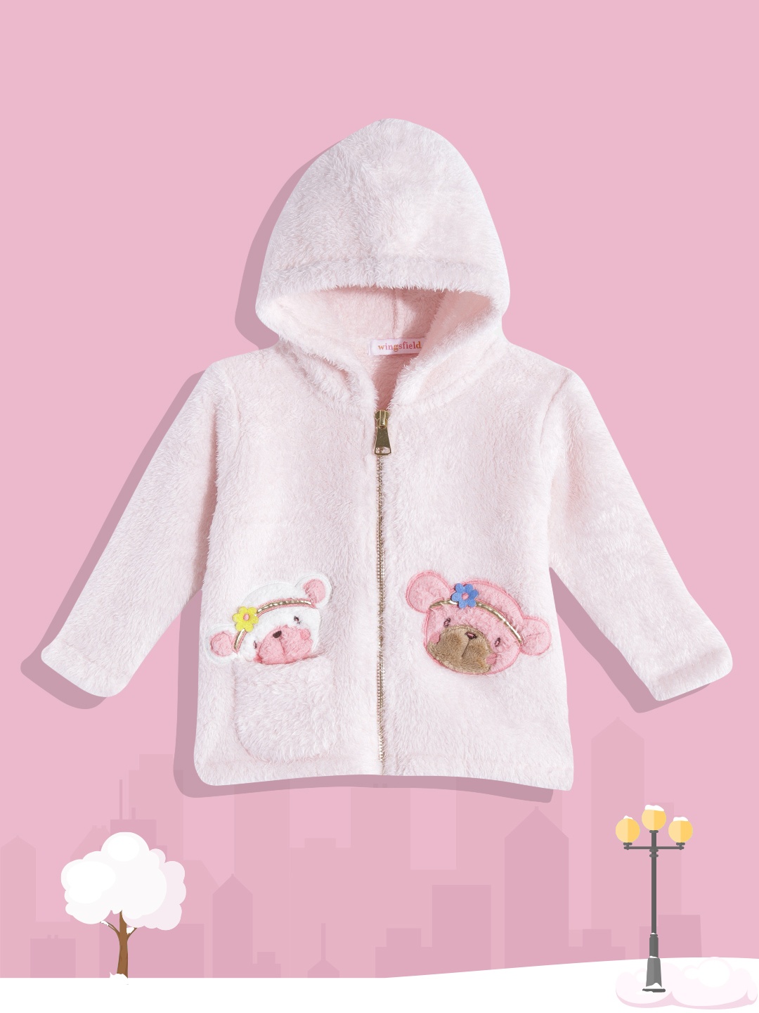 

Wingsfield Girls Pink Self Design Applique Detail Hooded Sweatshirt