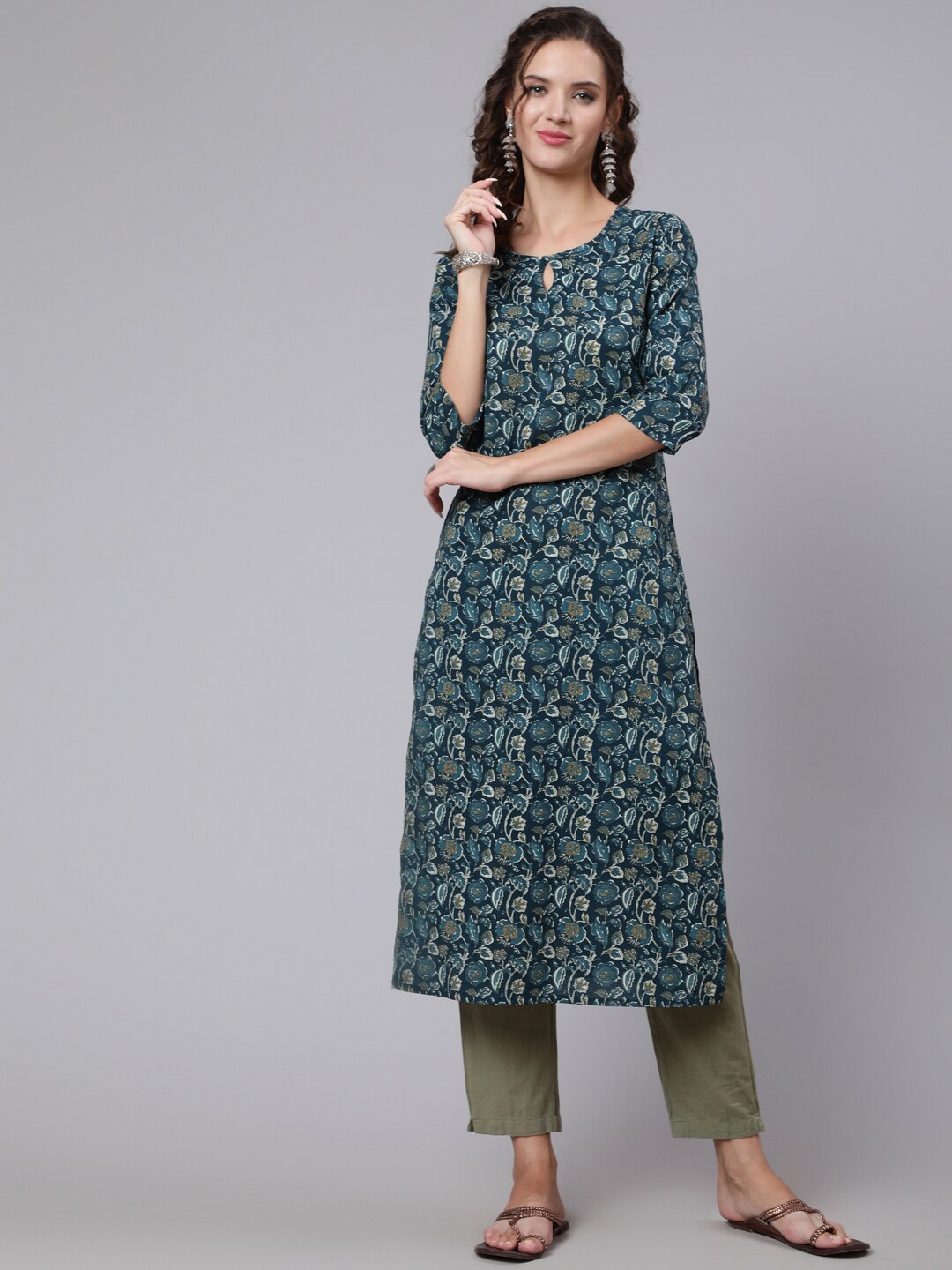 

Nayo Women Blue Printed Keyhole Neck Kurta