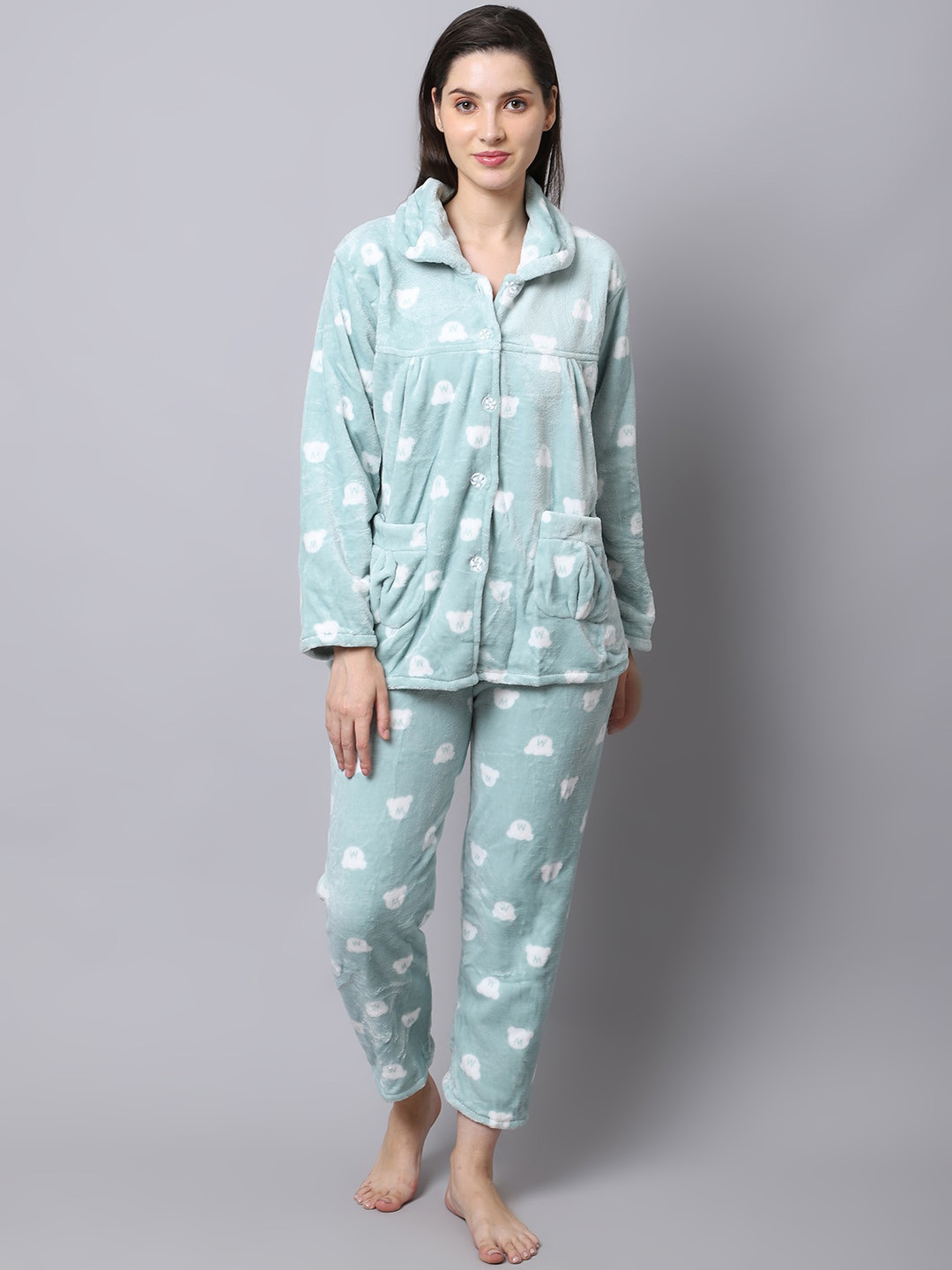 

TAG 7 Women Green & Off White Printed Night suit