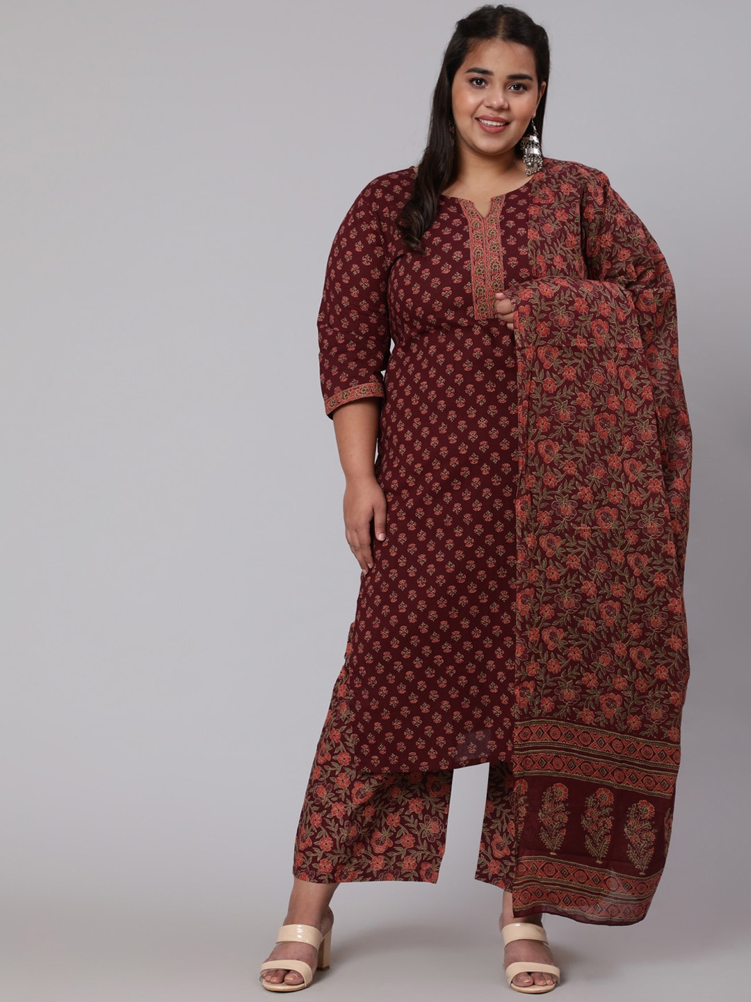 

Nayo Women Burgundy Ethnic Motifs Printed Panelled Pure Cotton Kurta with Palazzos & With Dupatta