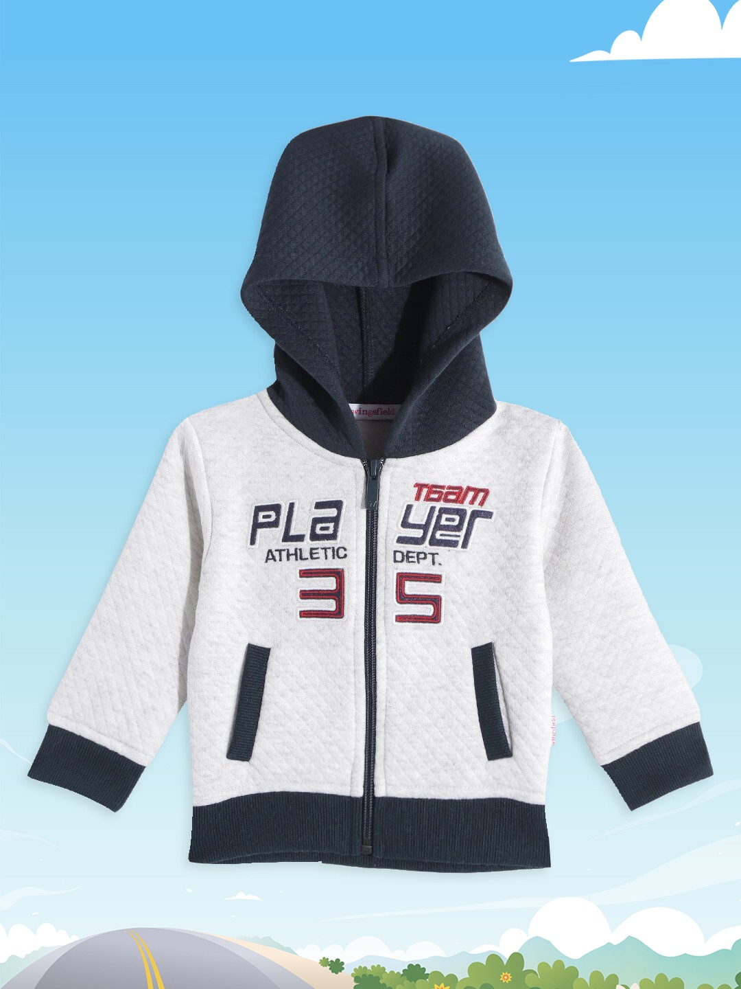 

Wingsfield Boys Off White & Navy Blue Printed Hooded Sweatshirt