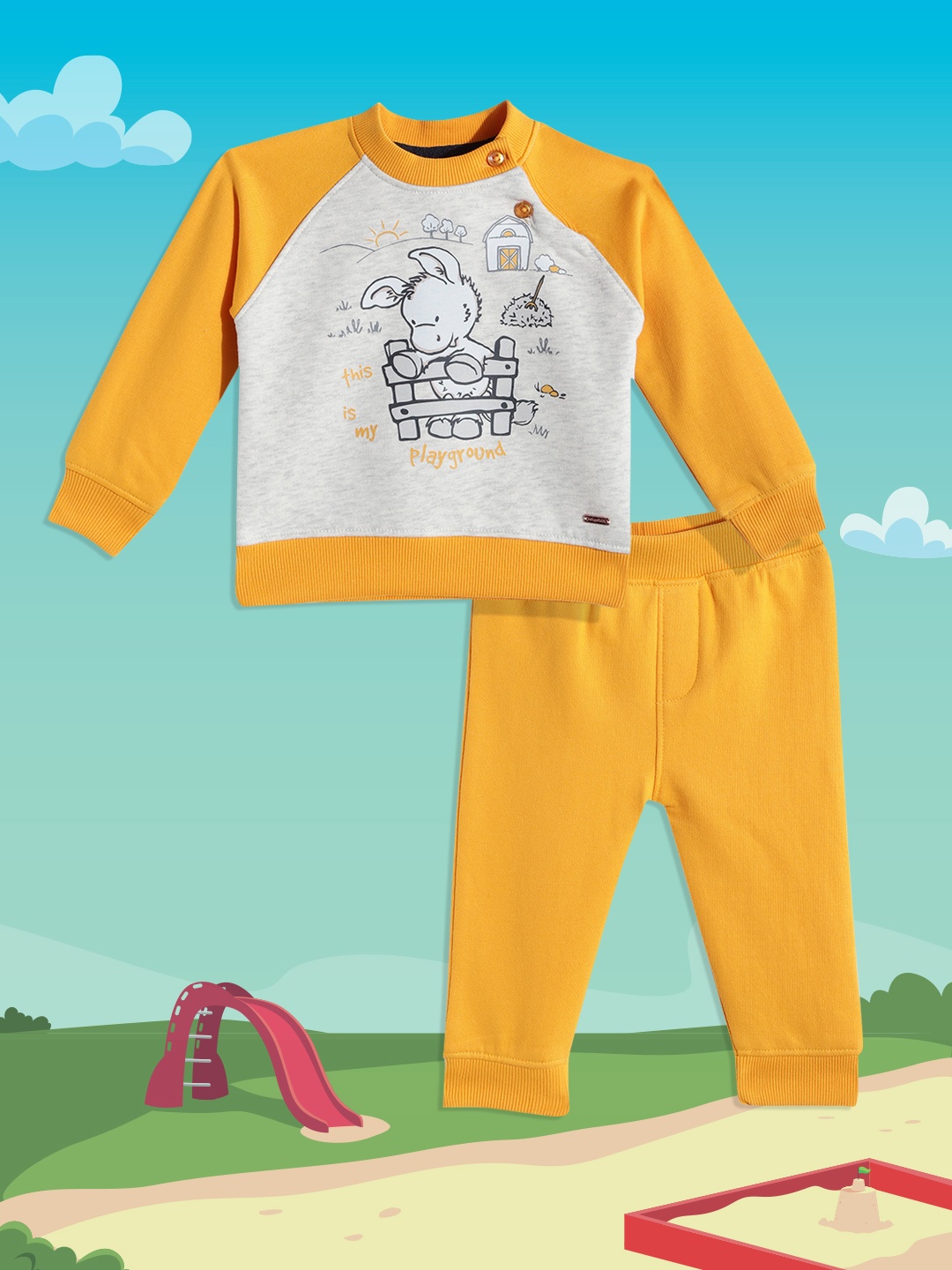 

Wingsfield Boys Yellow & Grey Melange Printed Sweatshirt & Joggers