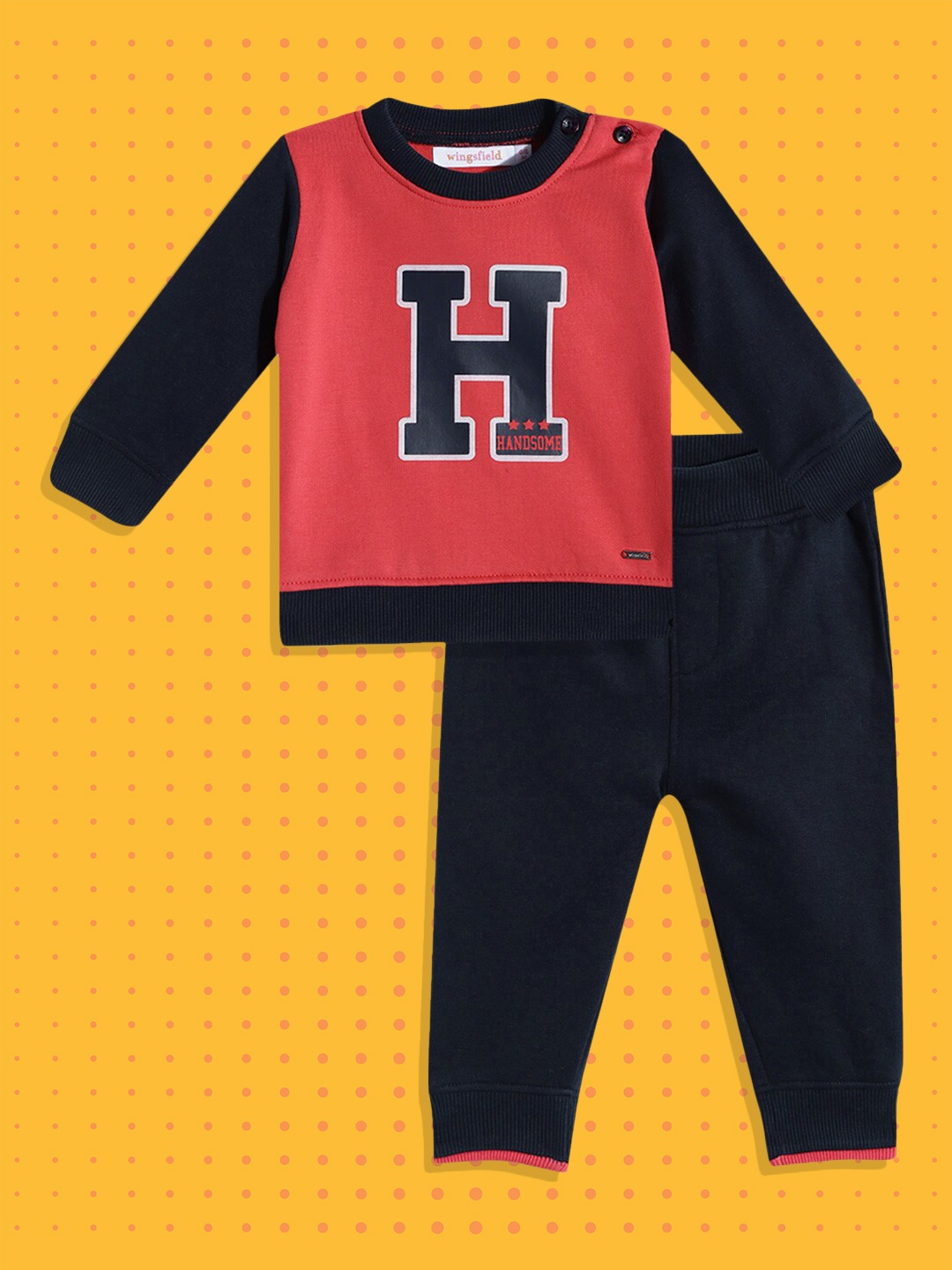 Wingsfield Boys Coral Pink & Navy Blue Printed Sweatshirt & Joggers