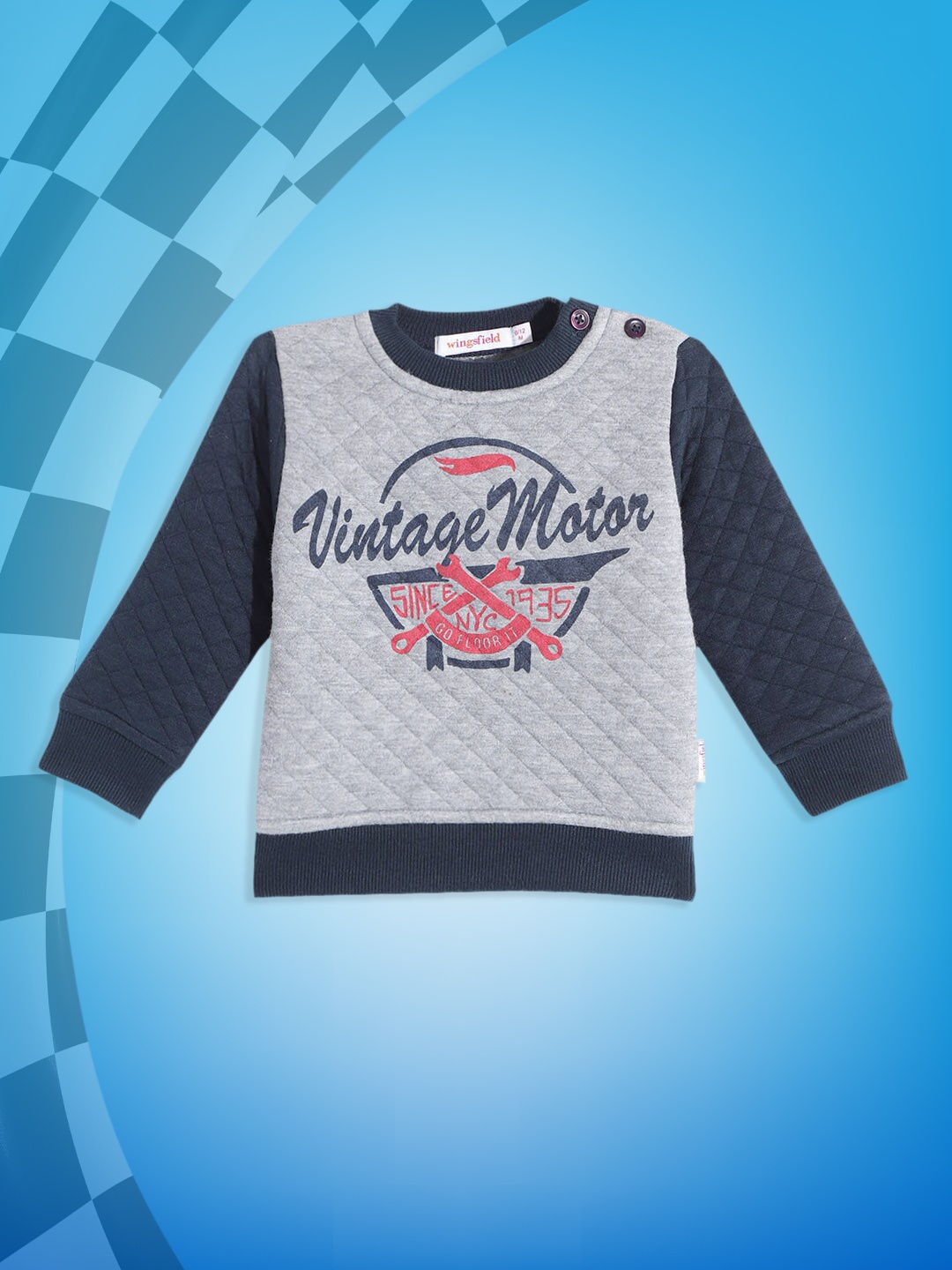 

Wingsfield Boys Grey & Navy Blue Printed Sweatshirt