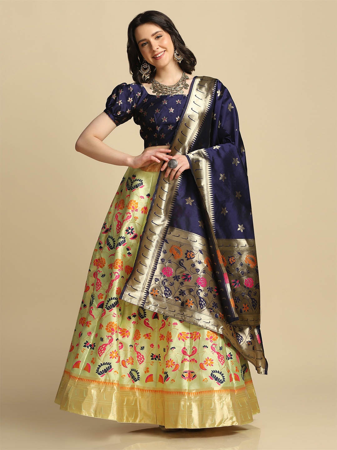 

Warthy Ent Green & Blue Semi-Stitched Lehenga & Unstitched Blouse With Dupatta