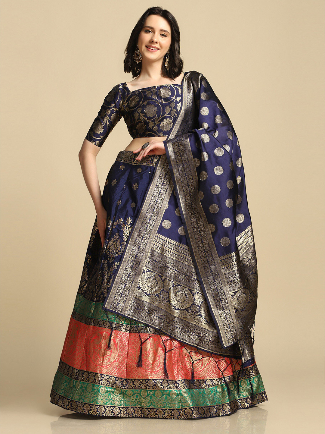 

Warthy Ent Blue & Red Semi-Stitched Lehenga & Unstitched Blouse With Dupatta