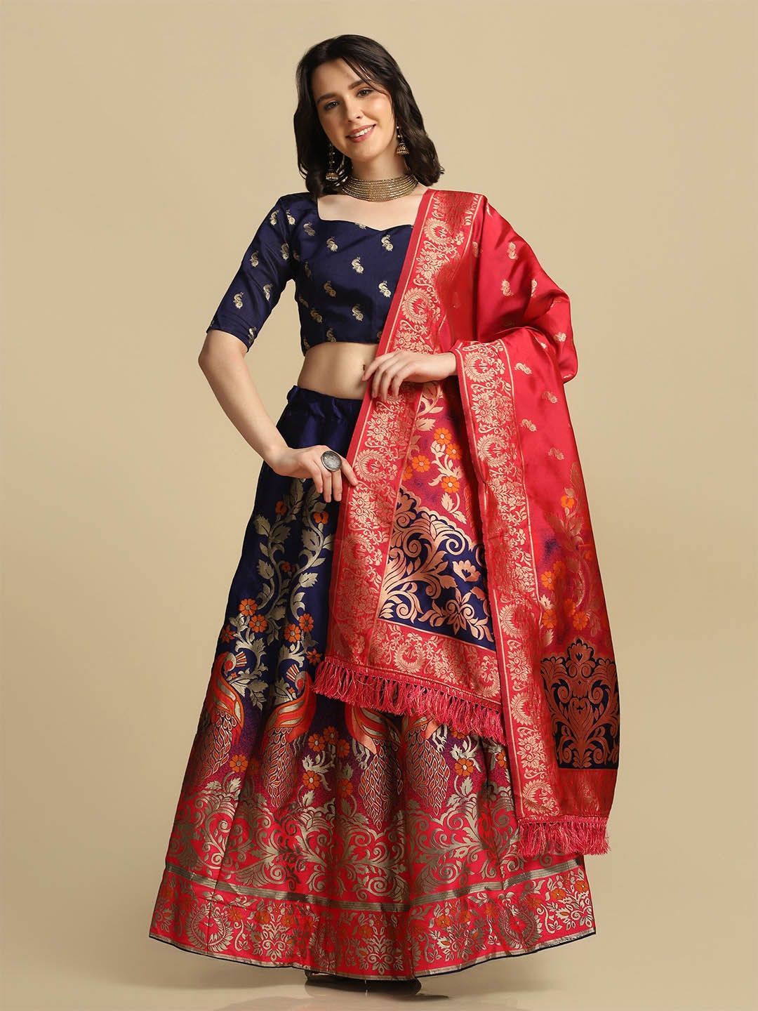 

Warthy Ent Blue & Red Semi-Stitched Lehenga & Unstitched Blouse With Dupatta