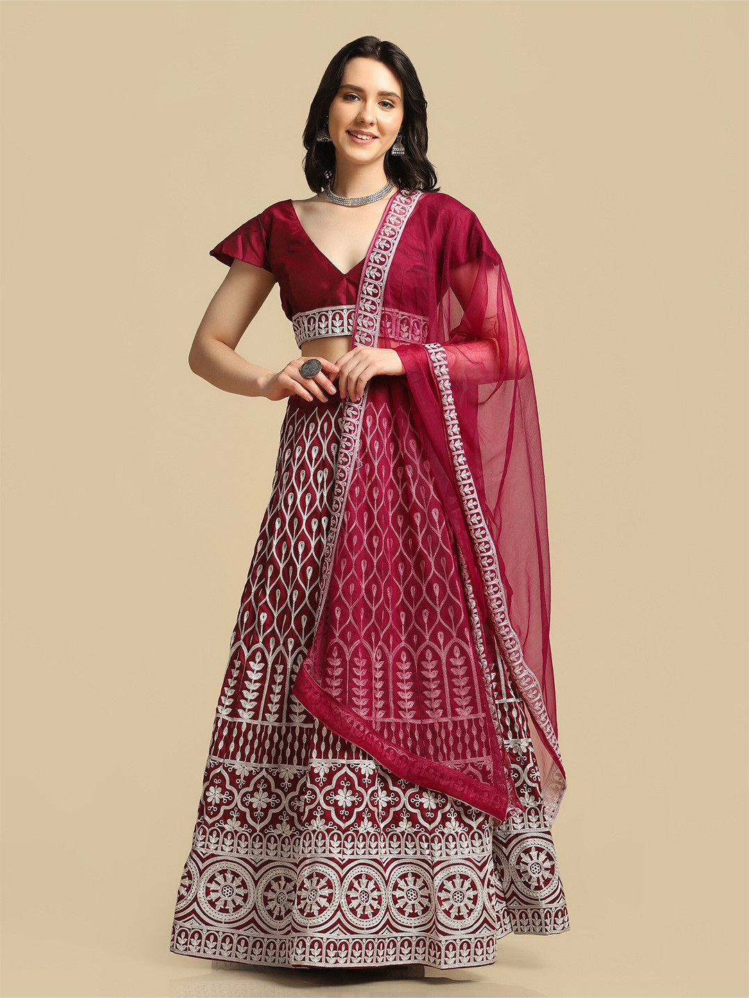 

Warthy Ent Purple & White Embroidered Thread Work Semi-Stitched Lehenga & Unstitched Blouse With Dupatta