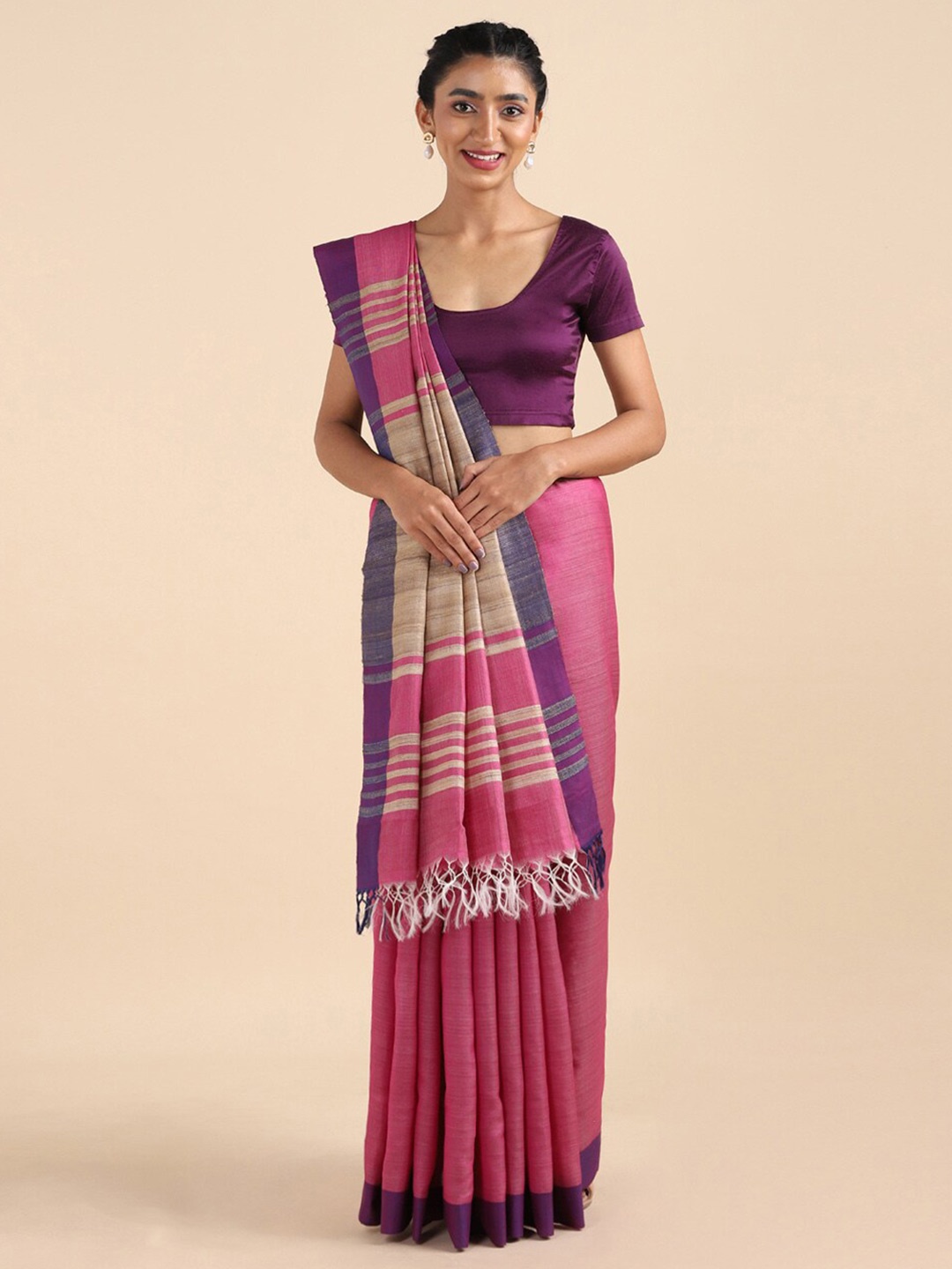 

Taneira Pink & Purple Striped Silk Blend Bhagalpuri Saree