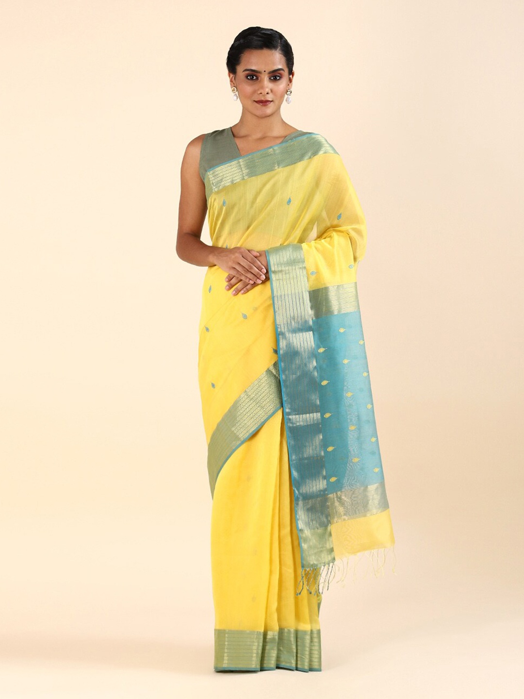 

Taneira Yellow & Blue Ethnic Motifs Zari Silk Cotton Maheshwari Saree