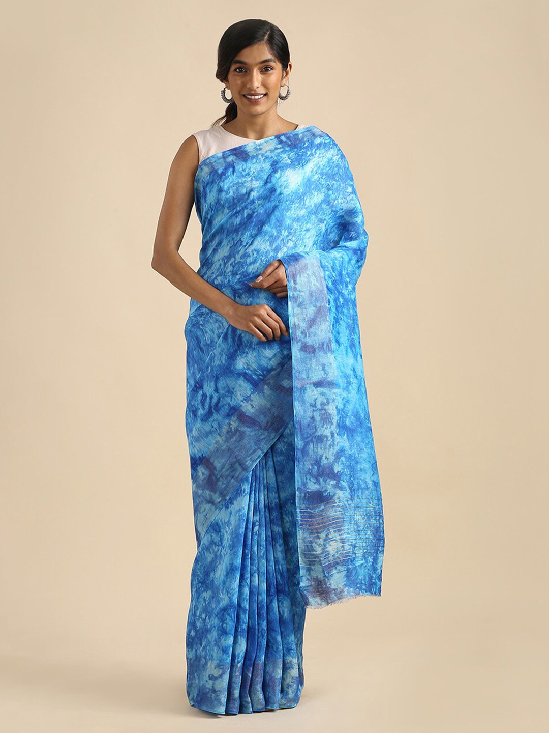 

Taneira Blue Tie and Dye Linen Blend Saree