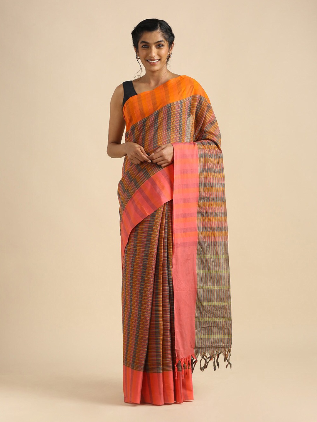 

Taneira Orange & Yellow Checked Pure Cotton Narayan Peth Saree