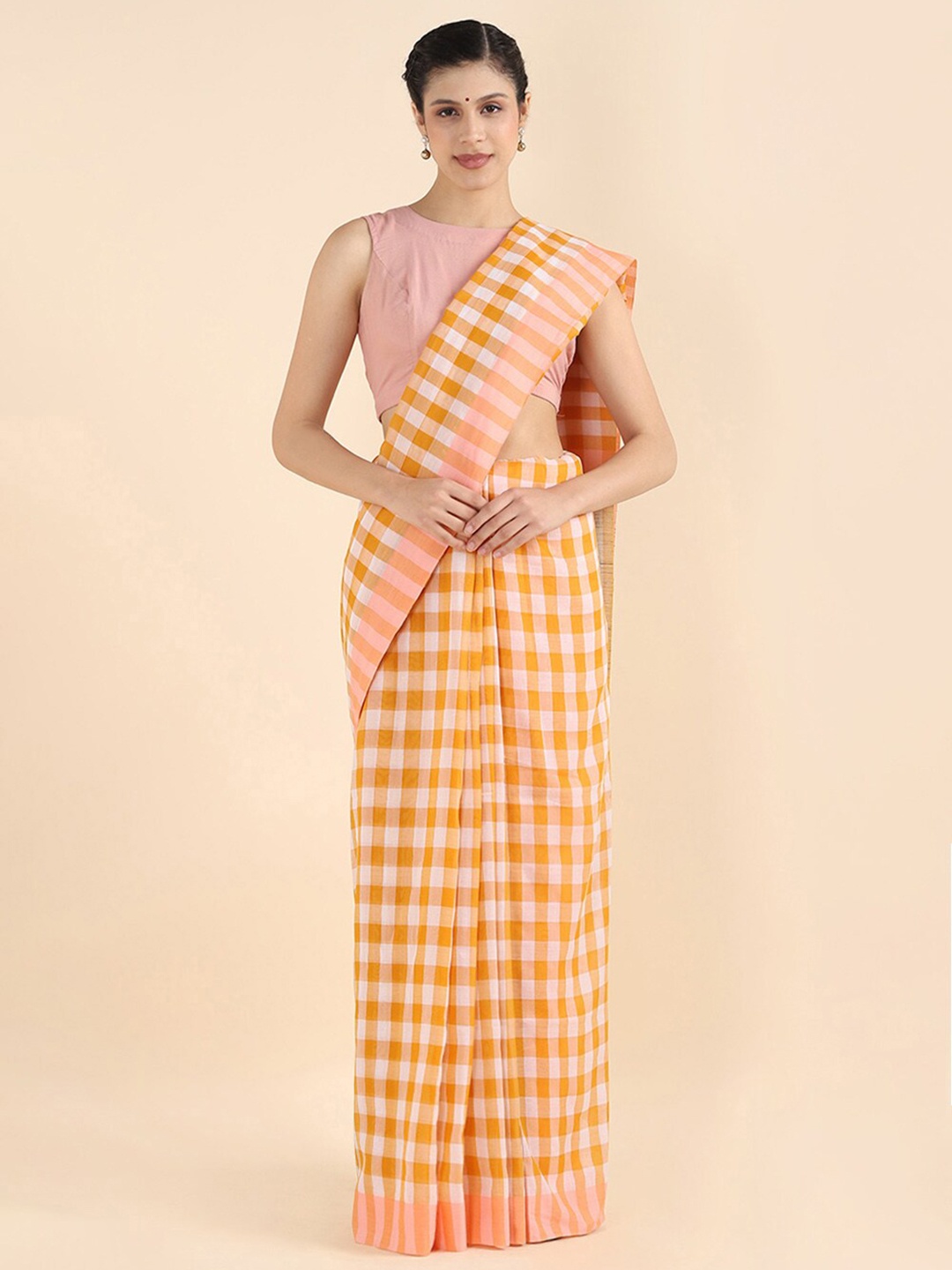 

Taneira Orange & White Checked Pure Cotton Saree