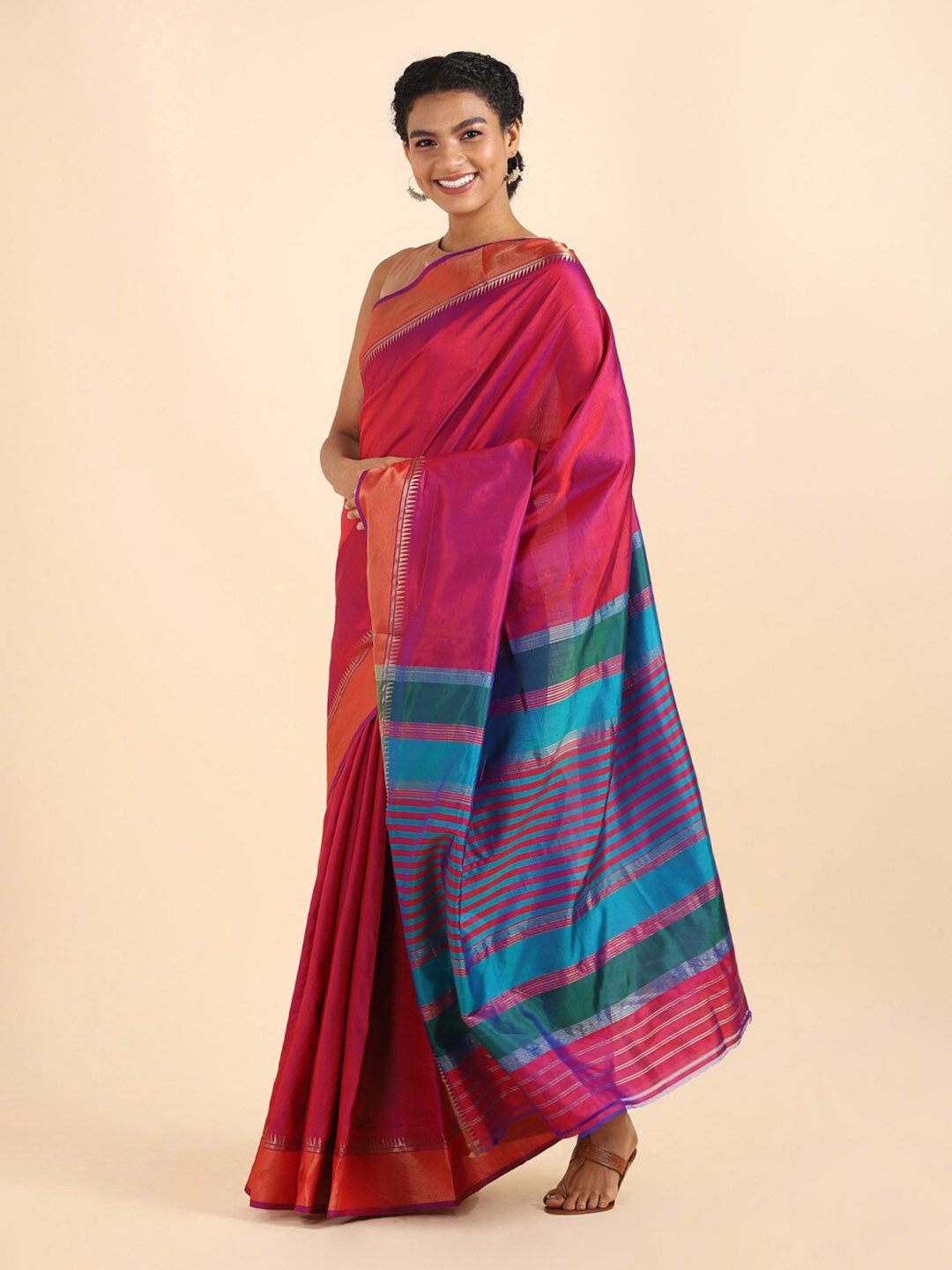 

Taneira Pink & Blue Zari Pure Silk Saree