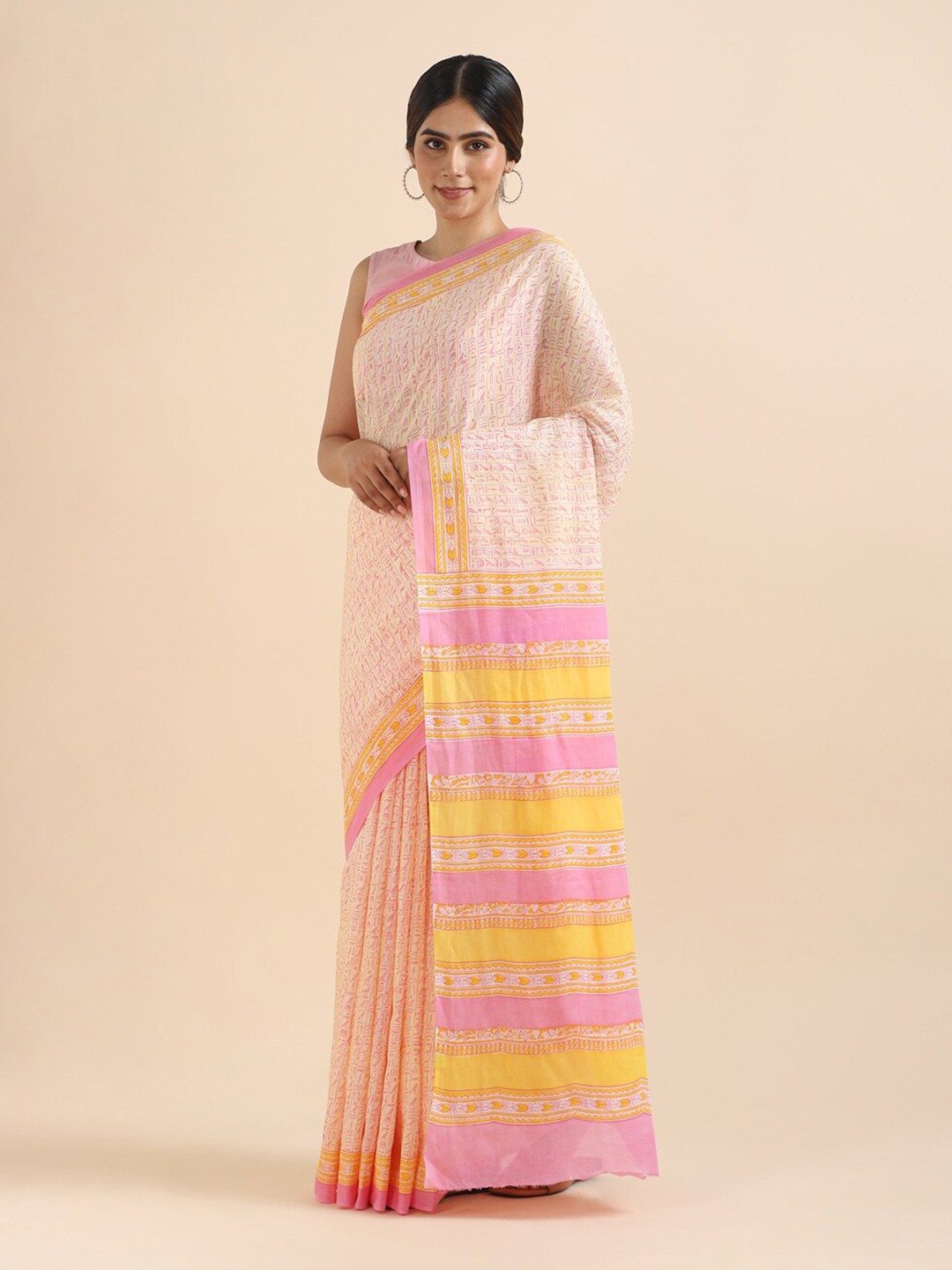 

Taneira Pink & Yellow Ethnic Motifs Pure Cotton Saree