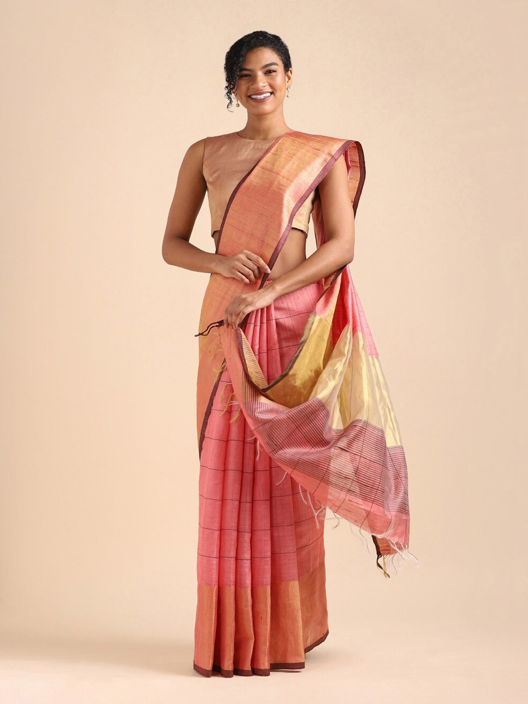 

Taneira Pink & Beige Striped Zari Pure Silk Bhagalpuri Saree