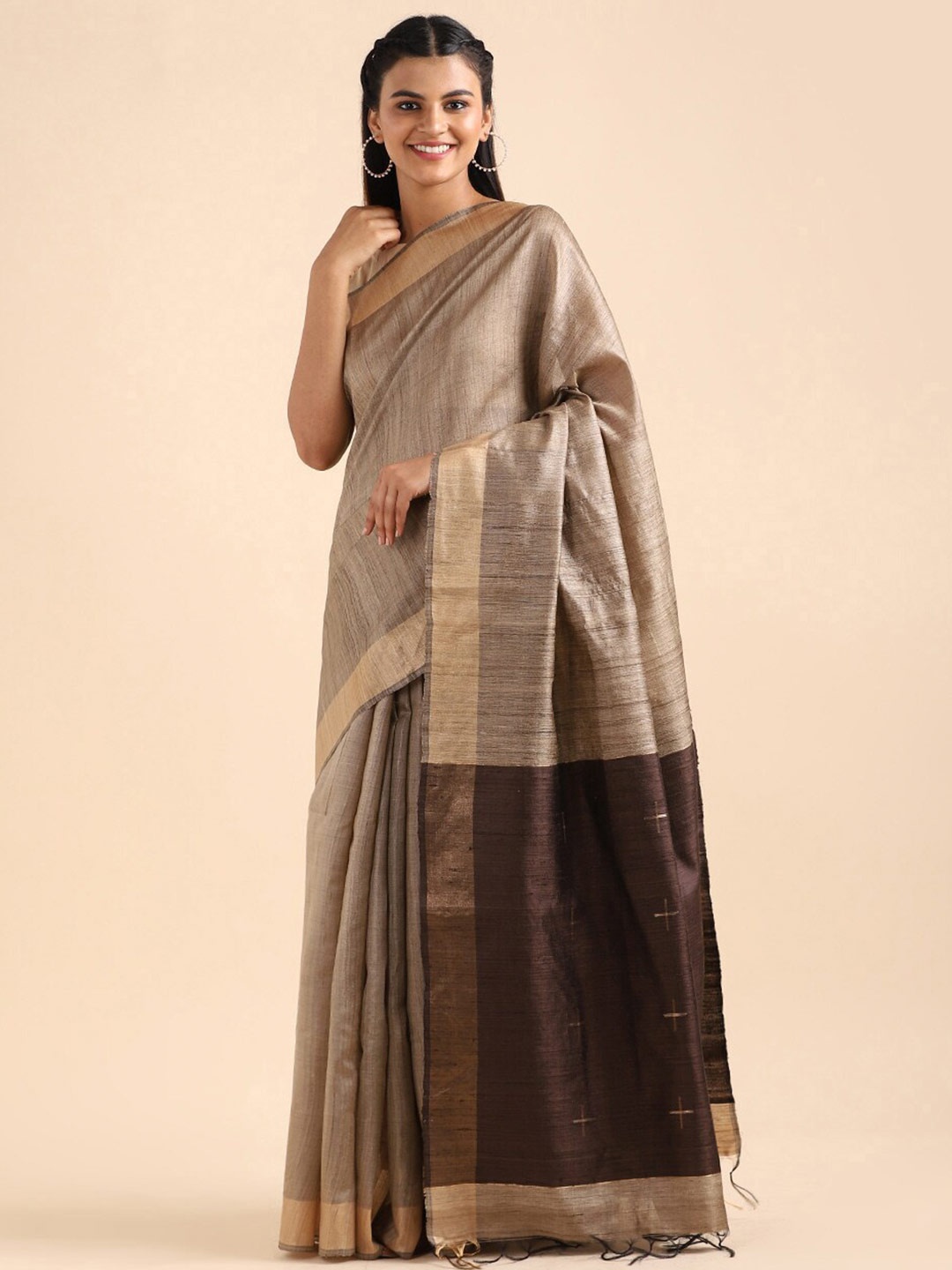 

Taneira Beige & Brown Zari Pure Silk Bhagalpuri Saree