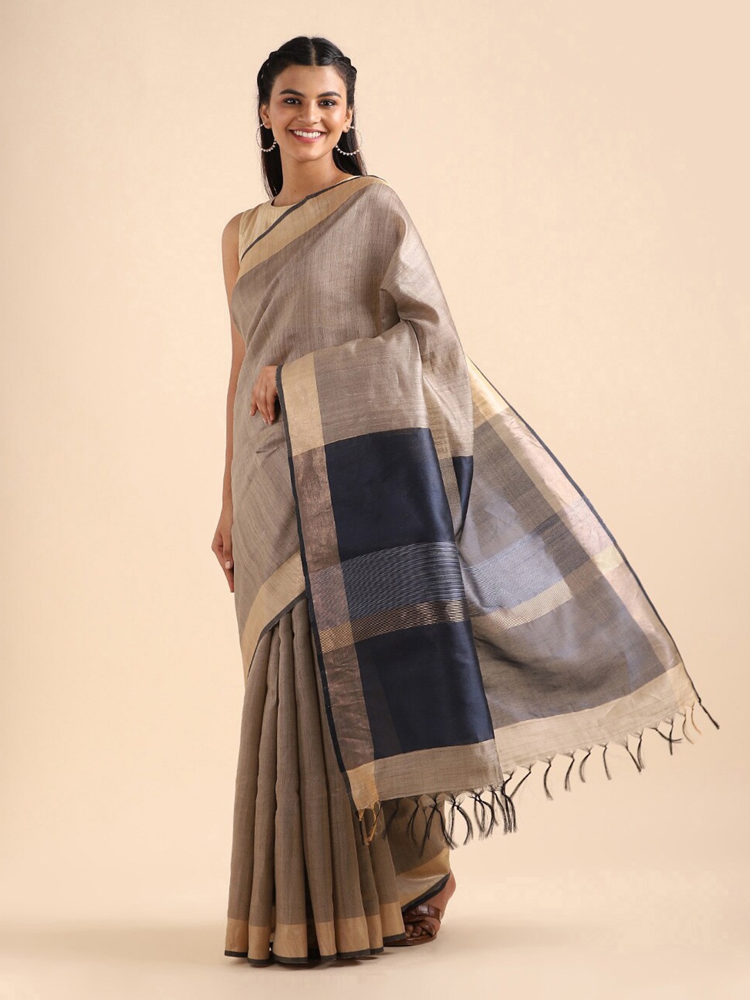 

Taneira Beige & Blue Zari Pure Silk Bhagalpuri Saree