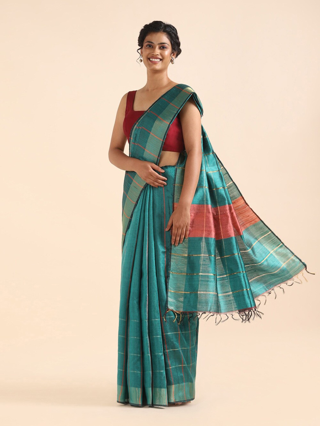 

Taneira Green & Maroon Striped Zari Pure Silk Bhagalpuri Saree