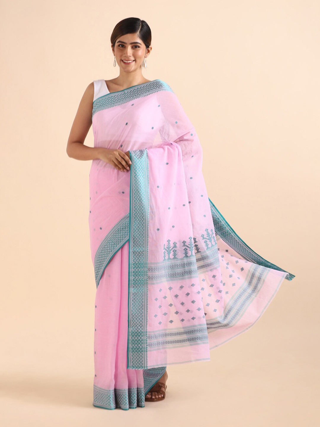 

Taneira Pink & Blue Ethnic Motifs Zari Pure Cotton Saree
