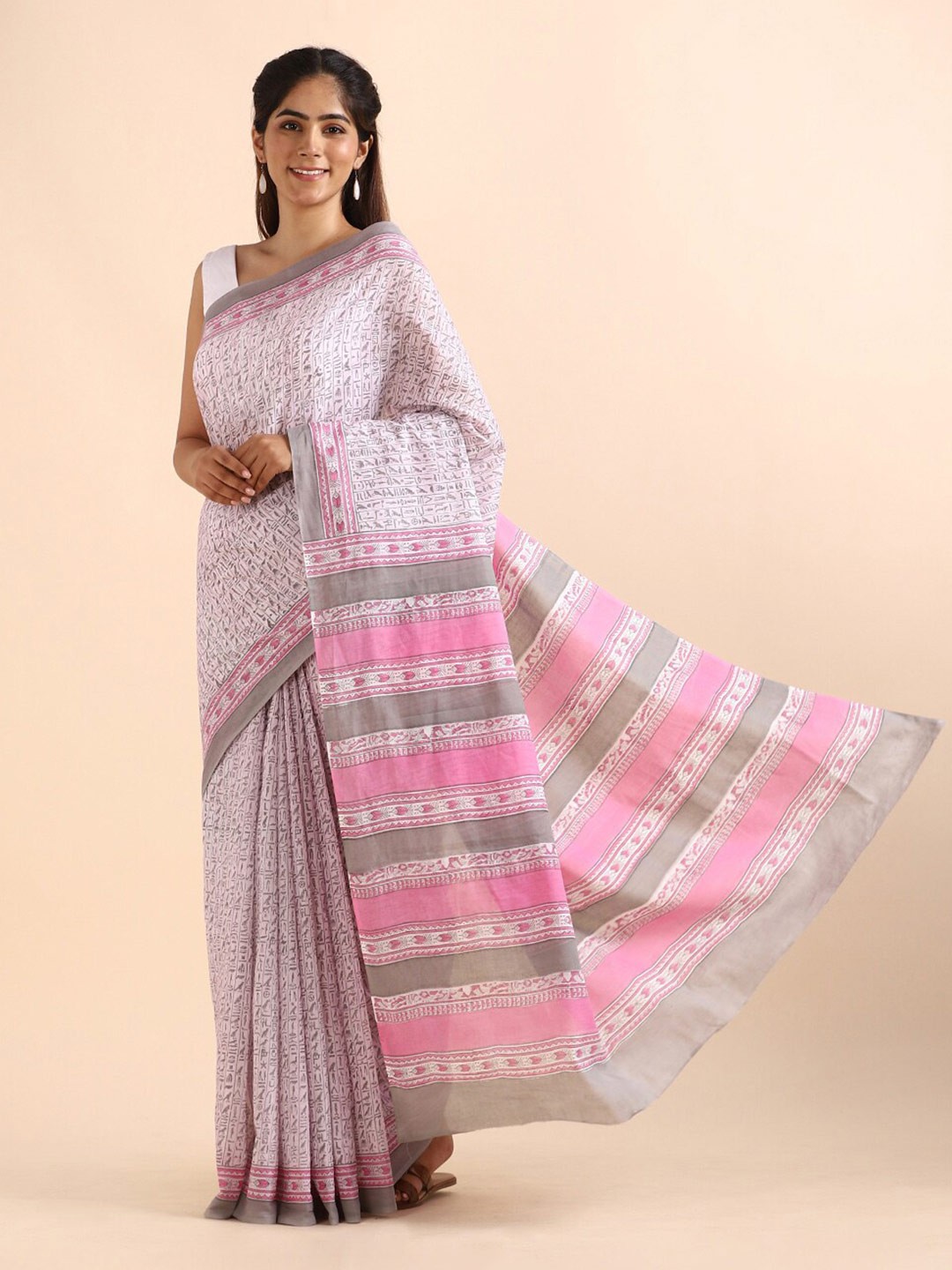 

Taneira Grey & Pink Ethnic Motifs Printed Pure Cotton Saree