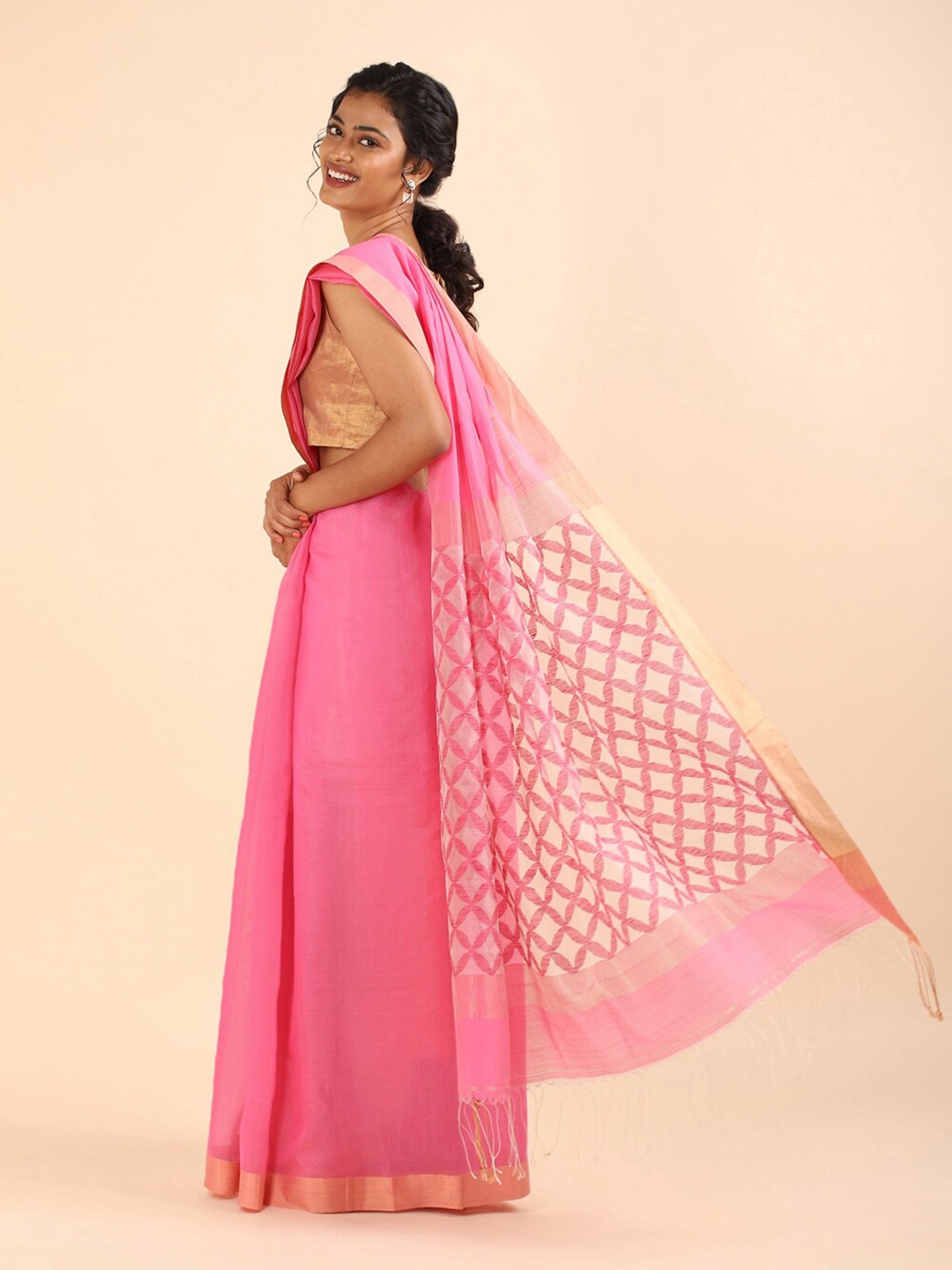

Taneira Pink & Beige Zari Silk Cotton Saree
