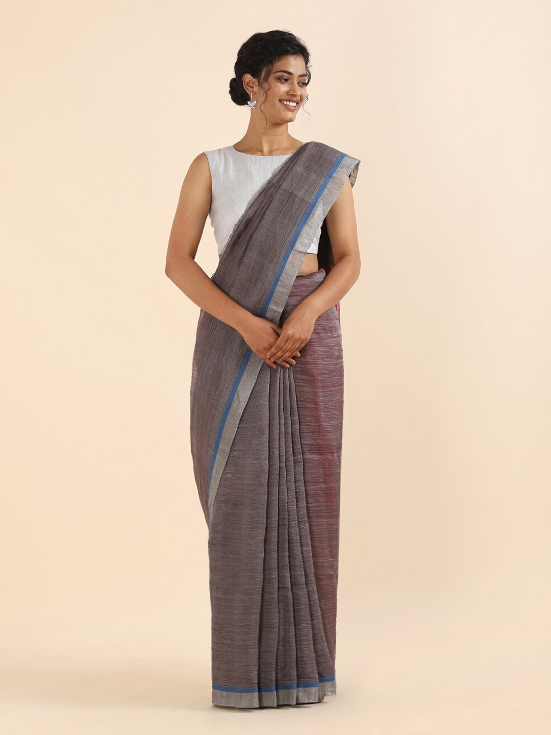 

Taneira Grey & Pink Zari Linen Blend Saree