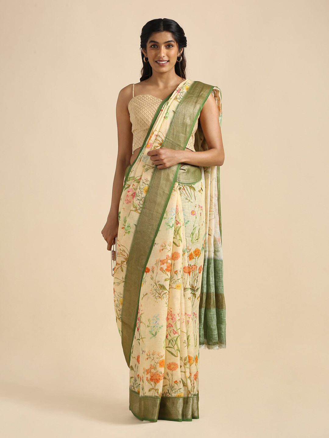 

Taneira Yellow & Orange Floral Zari Pure Linen Saree