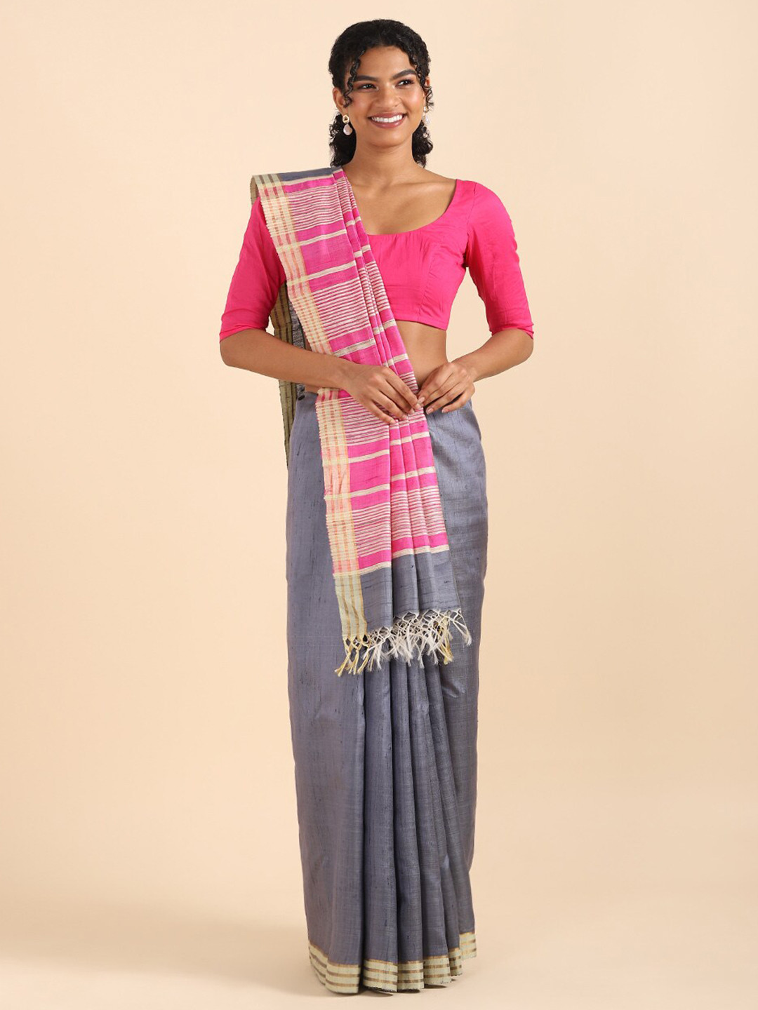 

Taneira Grey & Pink Zari Pure Silk Bhagalpuri Saree