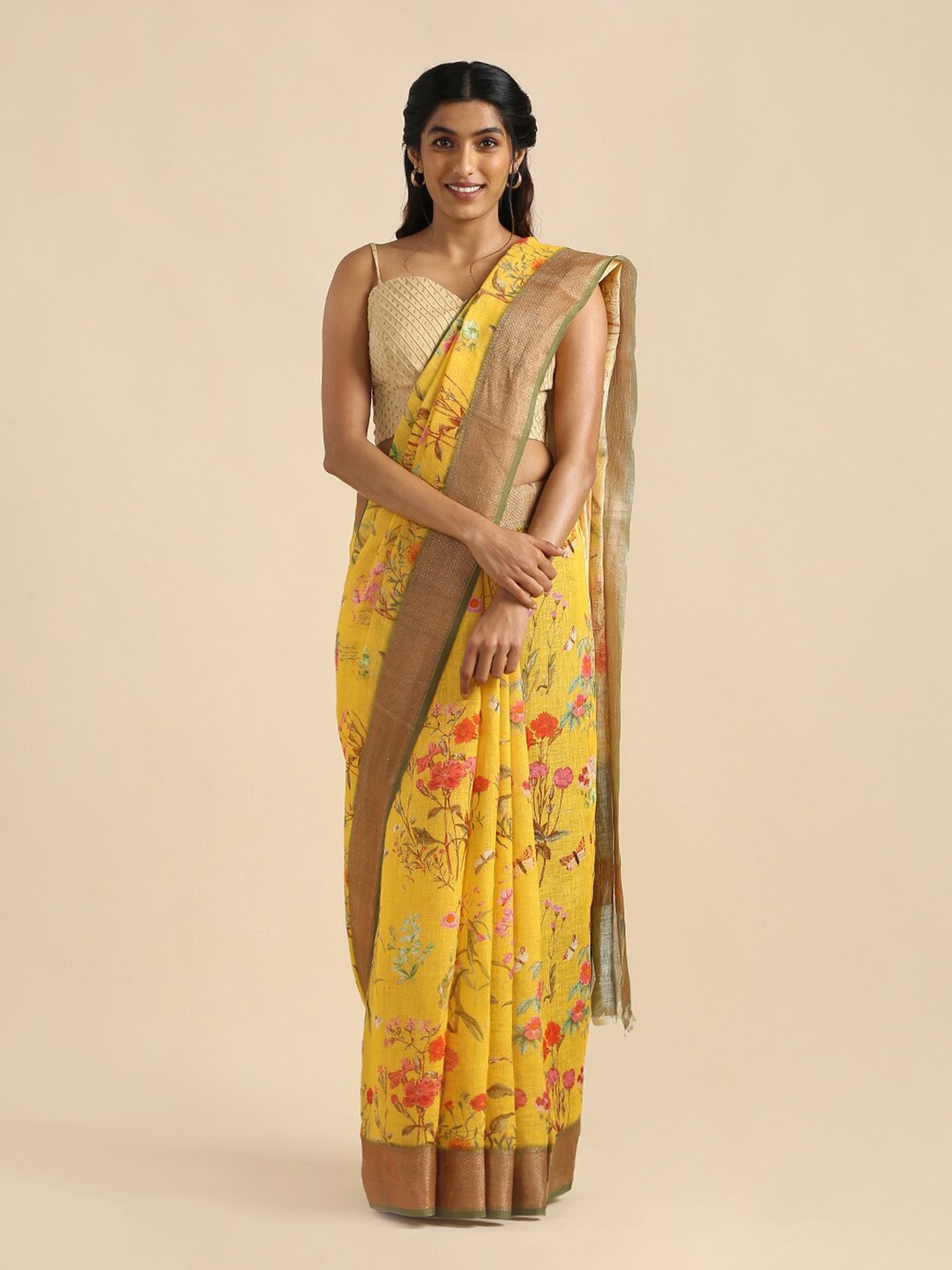 

Taneira Yellow & Green Floral Zari Pure Linen Saree