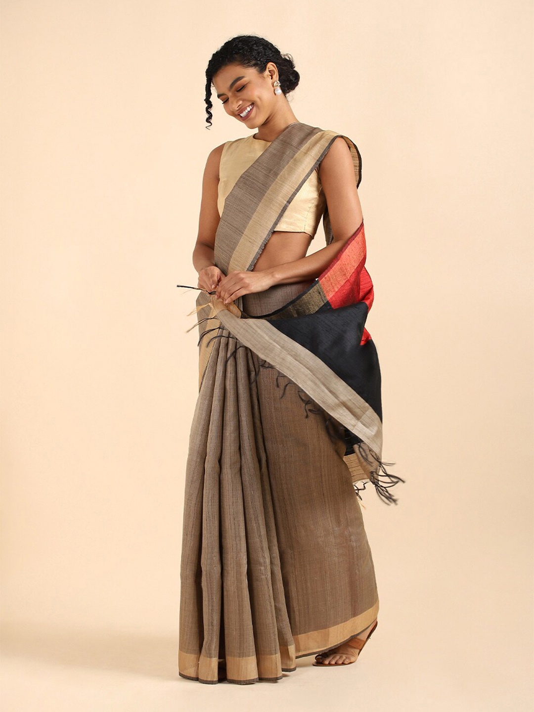 

Taneira Brown & Black Woven Design Zari Pure Silk Bhagalpuri Saree