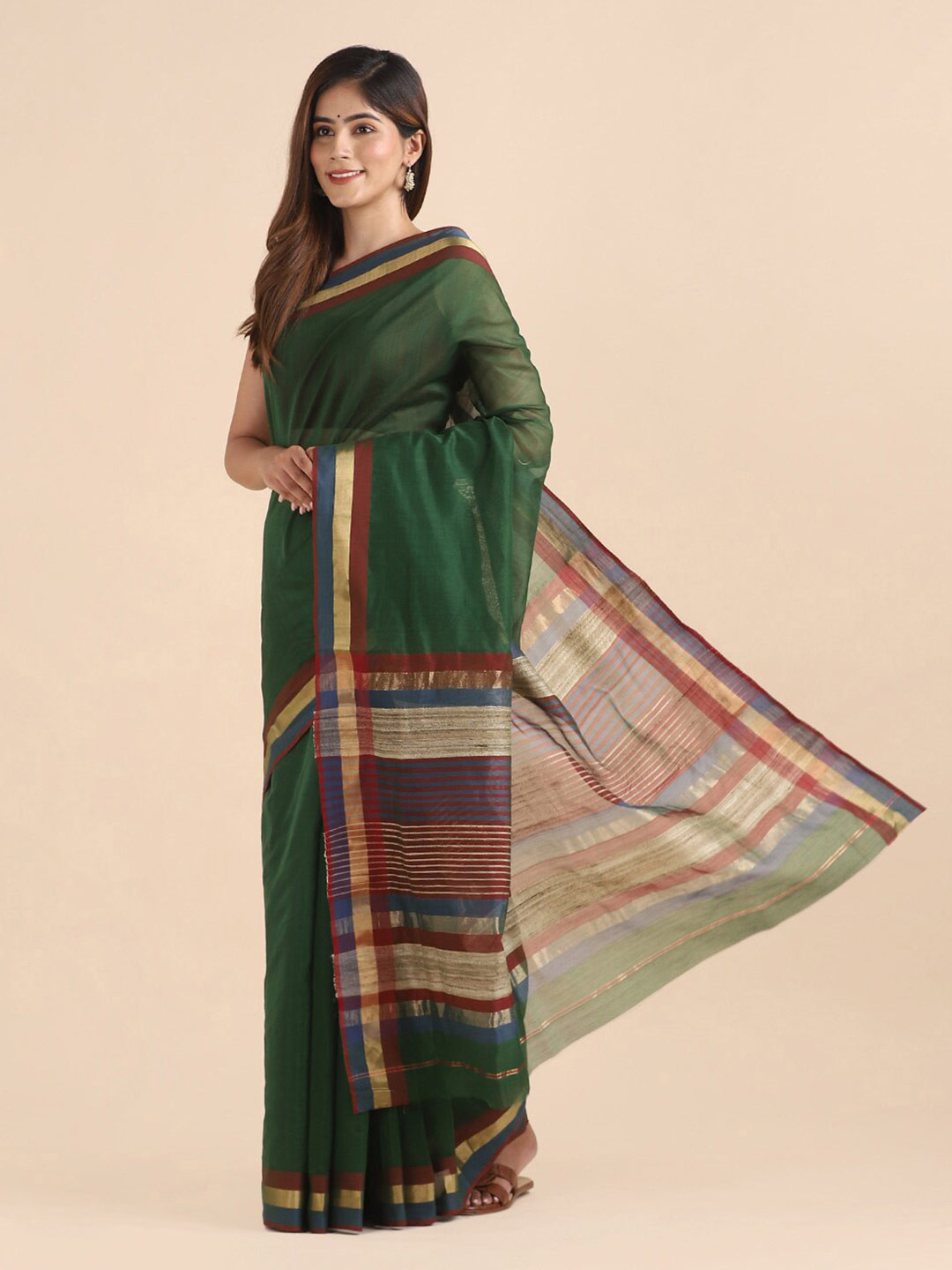 

Taneira Green & Maroon Woven Design Zari Silk Cotton Maheshwari Saree