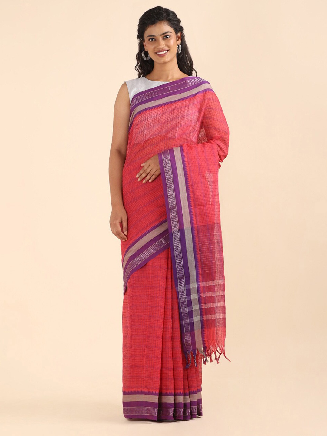 

Taneira Pink & Purple Checked Zari Pure Cotton Narayan Peth Saree